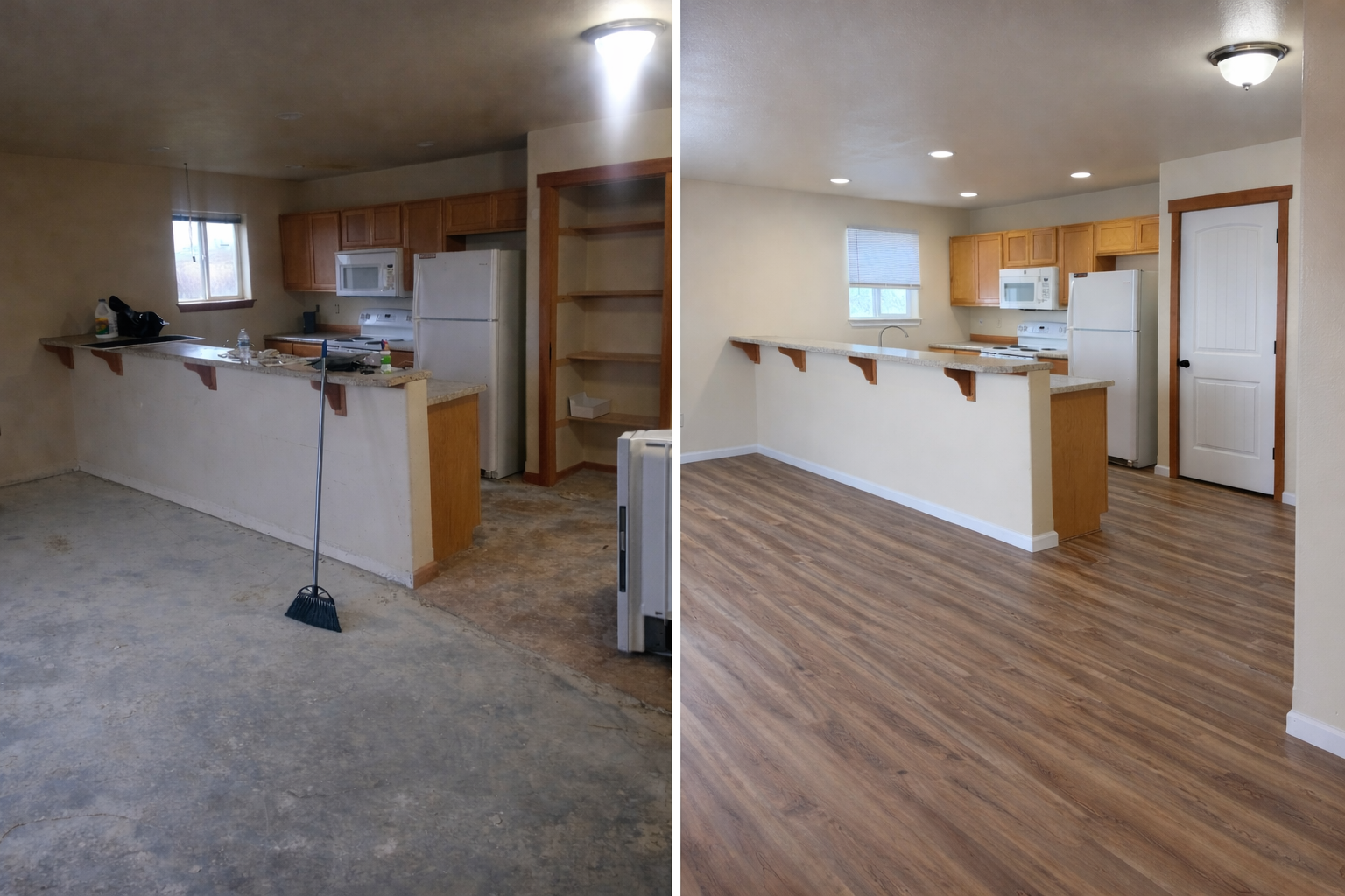 Comparison of a kitchen before and after renovation; before shows a messy, unfinished space with exposed concrete floor and clutter on the countertop, after shows a clean, finished space with wood flooring, painted walls, and neatly arranged kitchen cabinets.