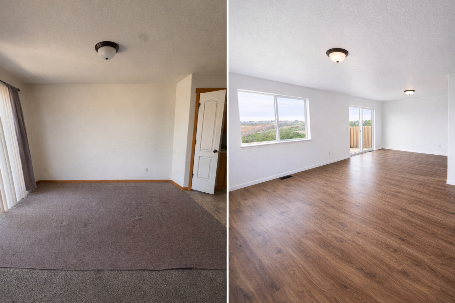 Side-by-side comparison of an unfinished living room before and after renovation: before shows carpeted floor, plain white walls, and an open door, after shows hardwood flooring, fresh white walls, and large windows with a door leading outside.