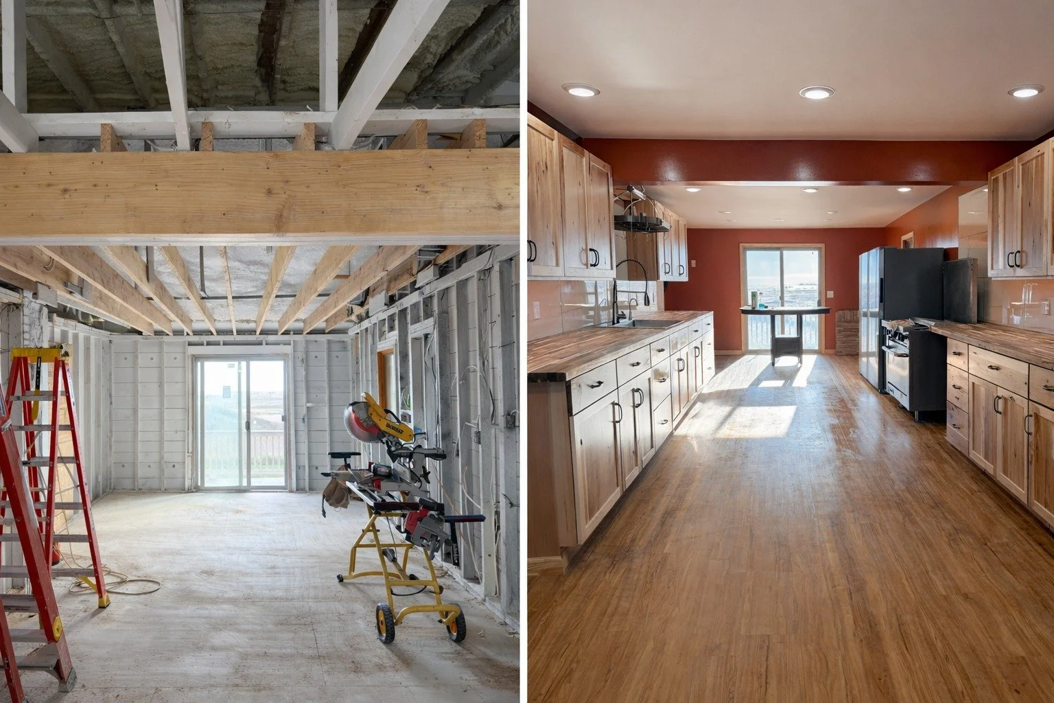 Side-by-side comparison of a room under construction on the left and a finished kitchen on the right. The left shows exposed ceiling beams, unfinished walls, a ladder, and construction tools. The right displays a completed kitchen with wooden cabinets, hardwood floors, and a view through a window.