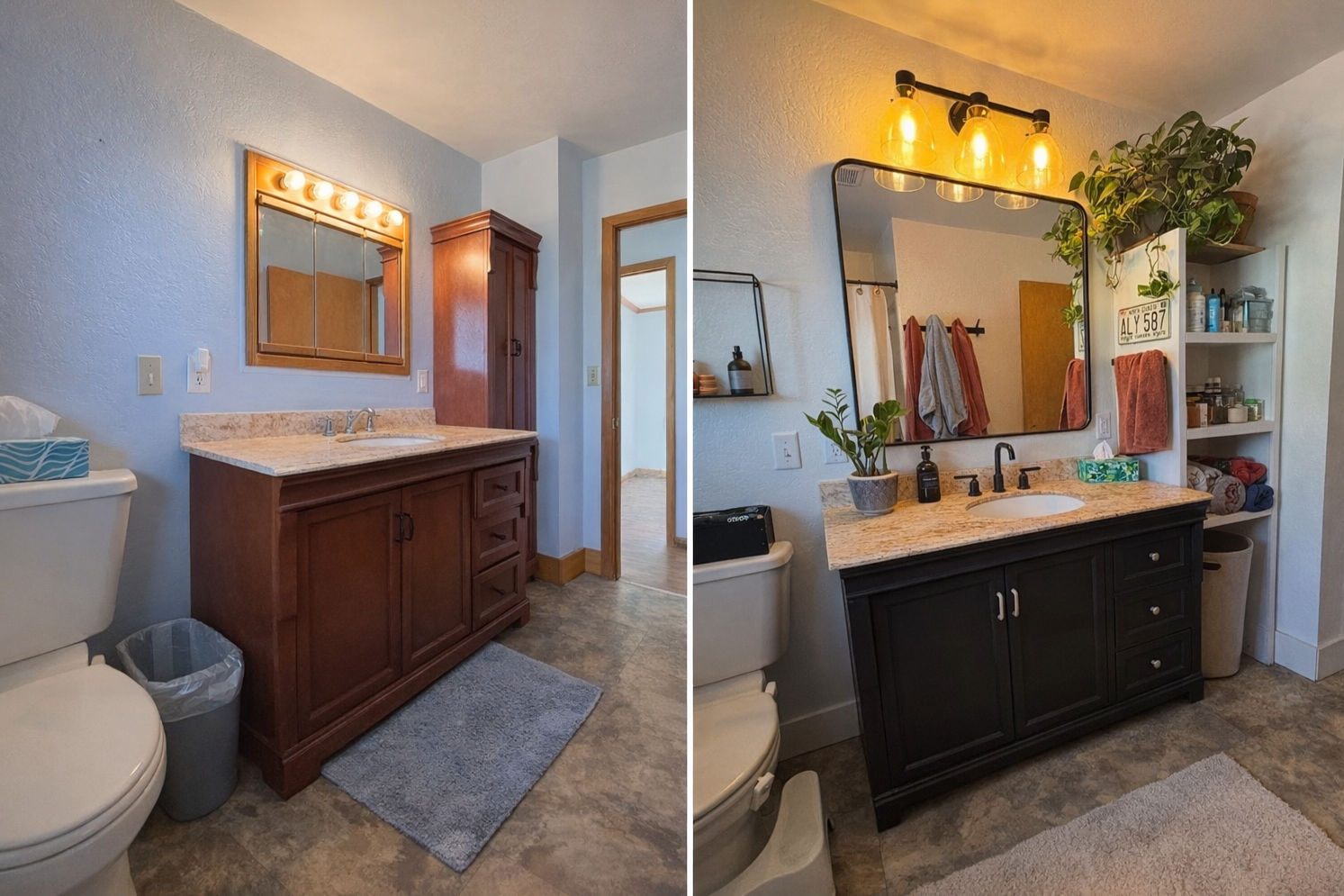 Comparison of a bathroom before and after renovation. The left shows an outdated white and wood vanity with a large mirror and exposed light bulbs, while the right shows a modern black vanity with a stylish mirror and updated lighting, decorated with plants and organized shelves.