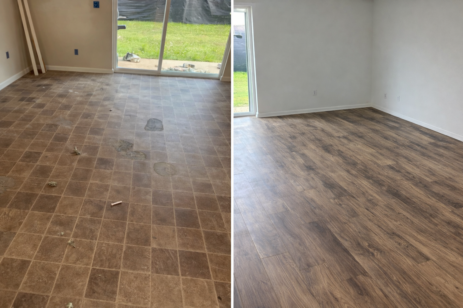 Comparison of a kitchen or living area with worn tile flooring on the left and new laminate or hardwood flooring on the right.