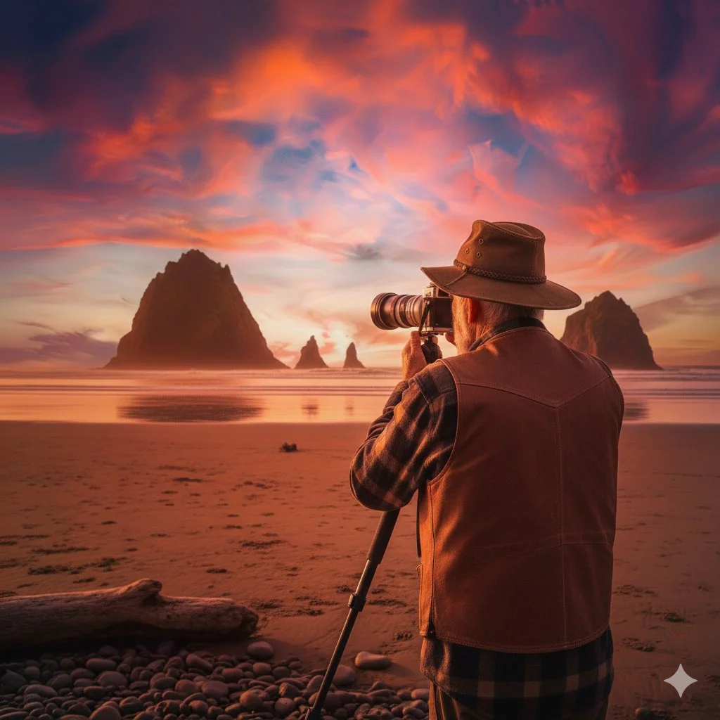 A local photographer takes a photograph of a sunset over the ocean at Face Rock at Bandon Beach.