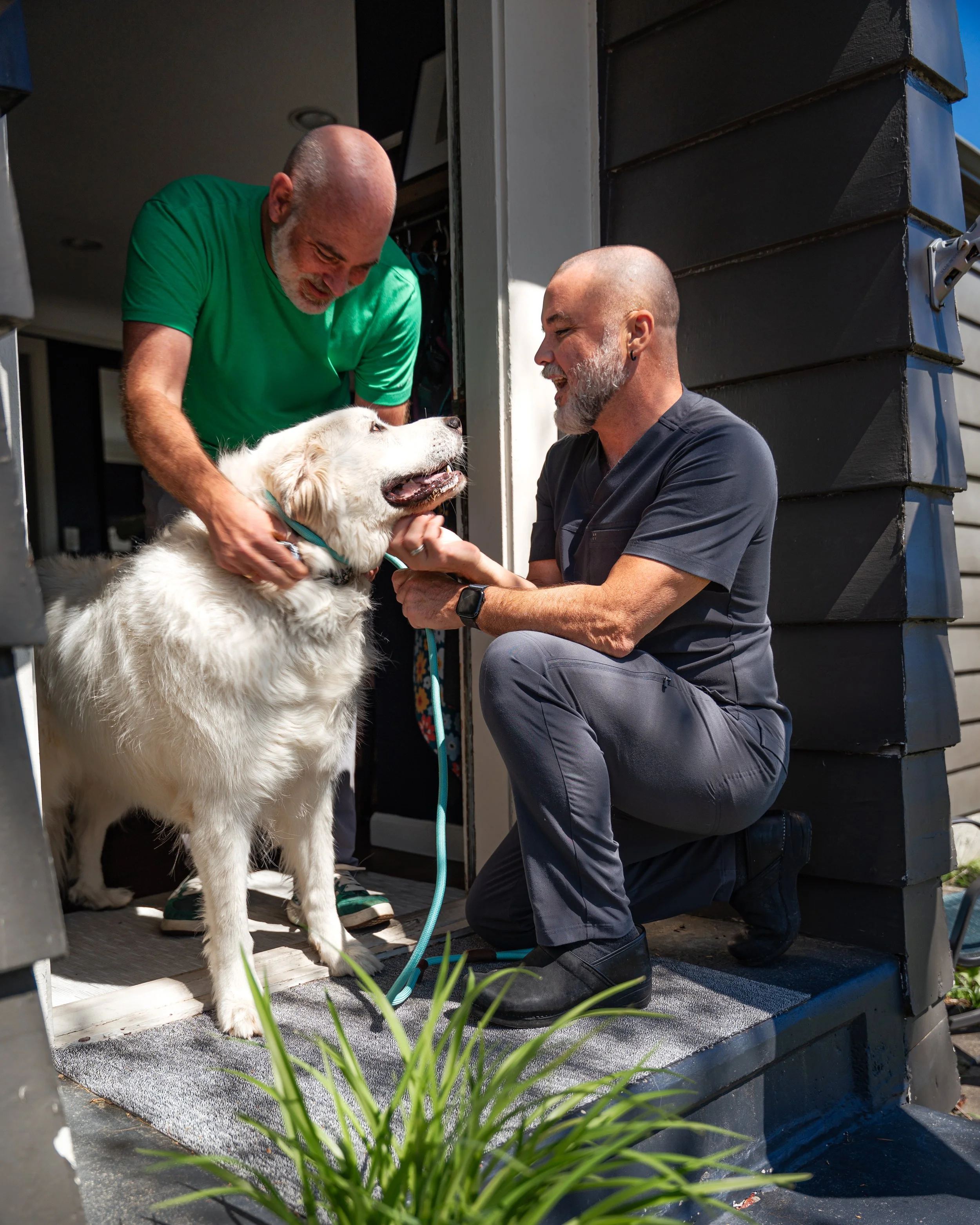 Two men with bald heads and gray beards are showcasing a white, fluffy dog. One man is kneeling, holding the dog's face, and the other man is standing, gently holding the dog's body. They are outside a modern building with black siding, near some potted plants.