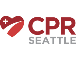 Logo of CPR Seattle featuring a heart with a white checkmark and the text CPR SEATTLE.