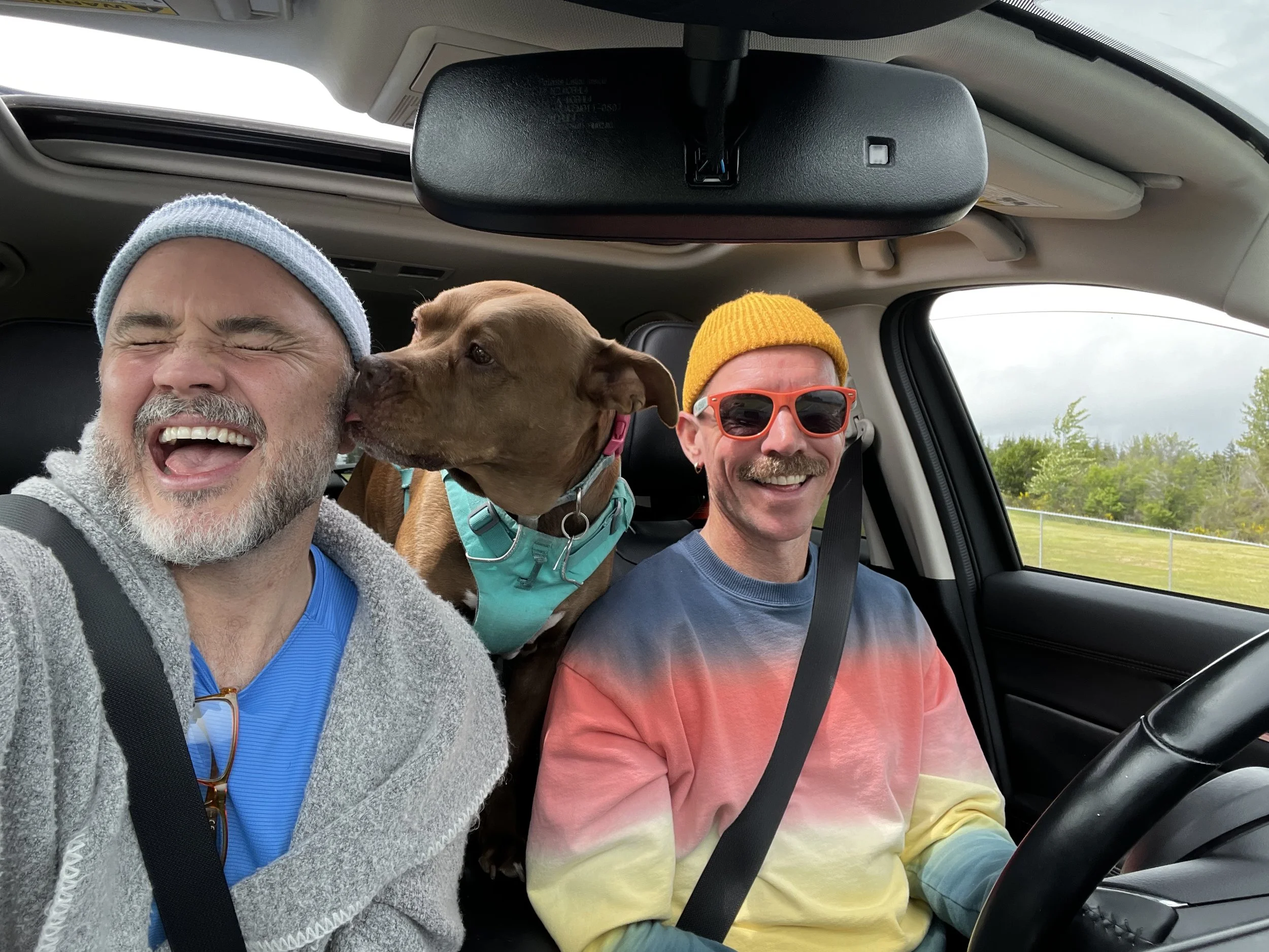 Two people and a dog sitting in a car, with one man laughing with his eyes closed, a man wearing sunglasses and a yellow beanie smiling, and a brown dog licking the man's face.