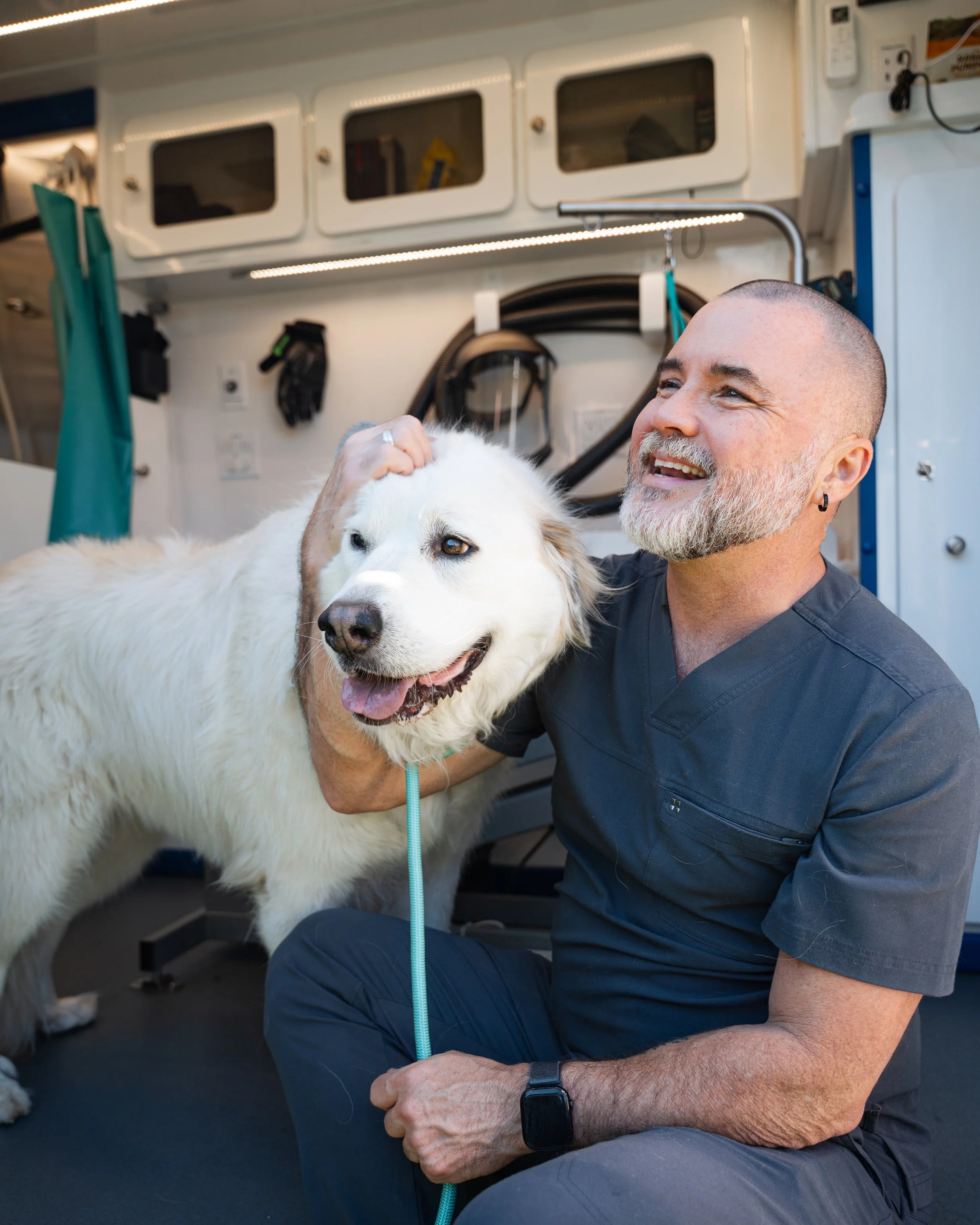 A man with a buzzcut head and gray beard smiling and petting a large white dog with blue eyes inside Porchlight's mobile grooming salon.