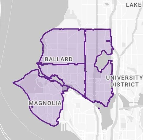 Map of Porchlight's N. Seattle service area with Ballard, Magnolia, Greenlake and Phinney Ridge highlighted