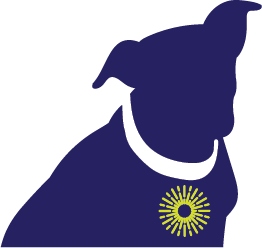 Porchlight Mobile Dog Grooming logo — a navy silhouette of Sadie, a pit bull, wearing a collar with a yellow sunburst collar tag