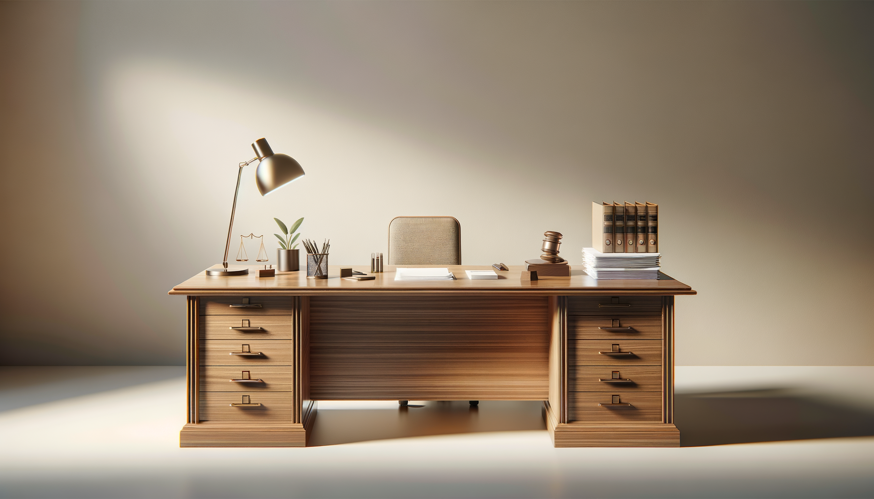 empty wooden office desk with a chair, desktop lamp, plant, scales, boxes, folders, and stacks of paper