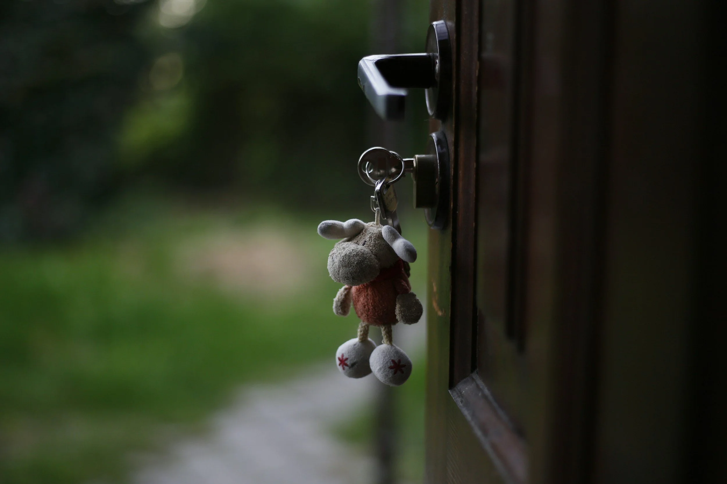 A stuffed toy mouse keychain hanging from a mailbox key inserted into a mailbox lock, with a blurred outdoor background.