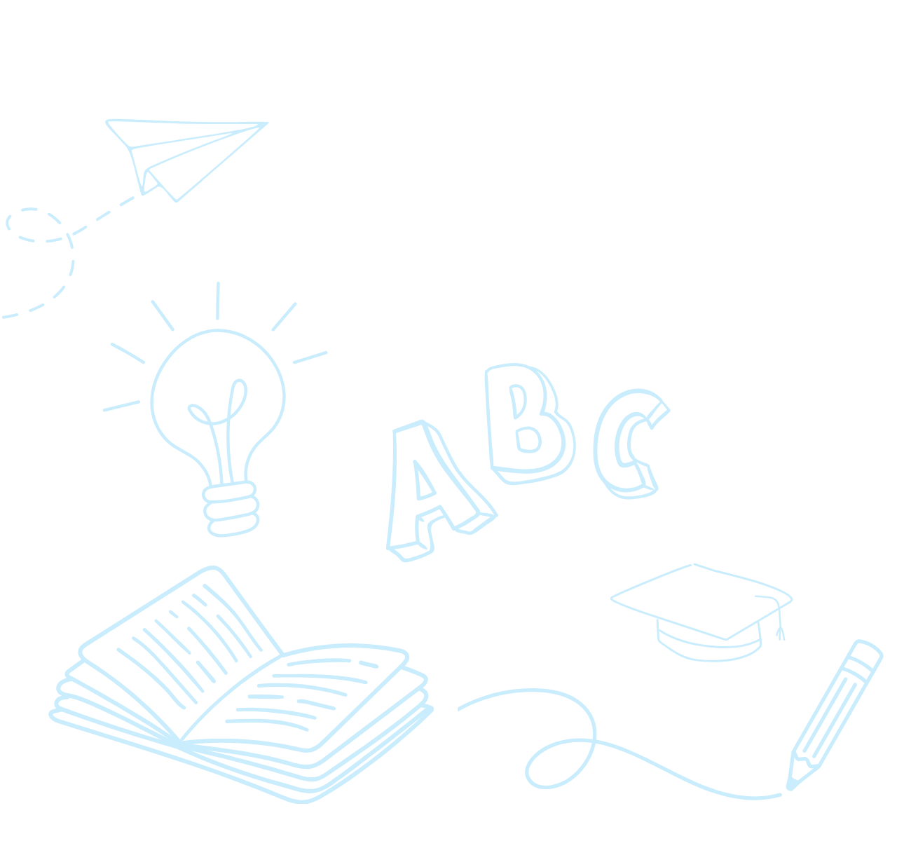 Illustration of educational symbols including ABC blocks, a graduation cap, a book, a pencil, a light bulb, a paper airplane, and a chalkboard, all drawn in a simple, line art style - graphic for Access the Word.