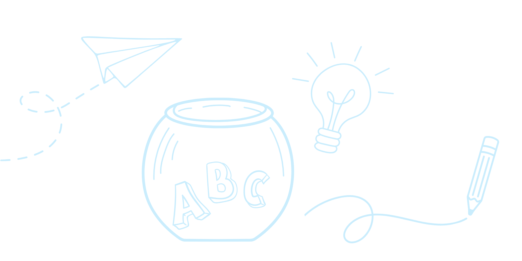 Light blue line drawing on black background featuring a jar with ABC letters, a paper airplane, a light bulb, and a pencil - graphic for Access the Word.
