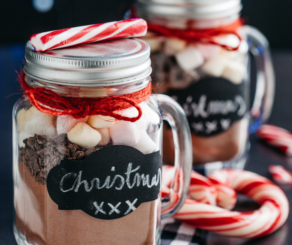 Mason jar with fixings in it to make hot chocolate
