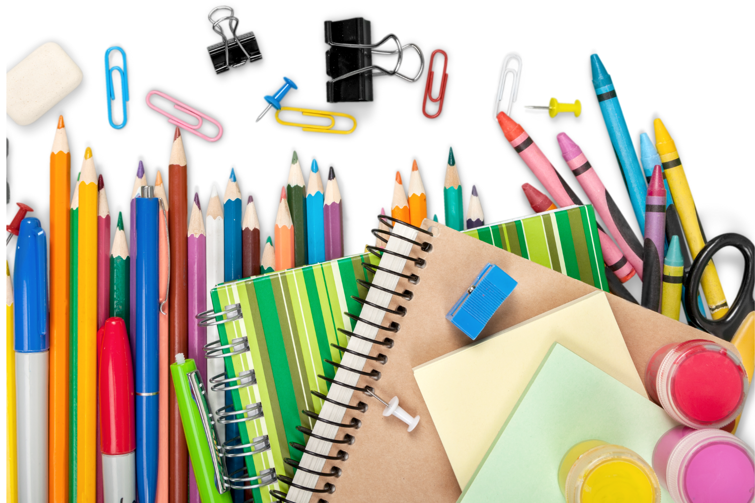 all kins of school supplies on sale pens, pencils, scissors, crayons, notebooks, etc.