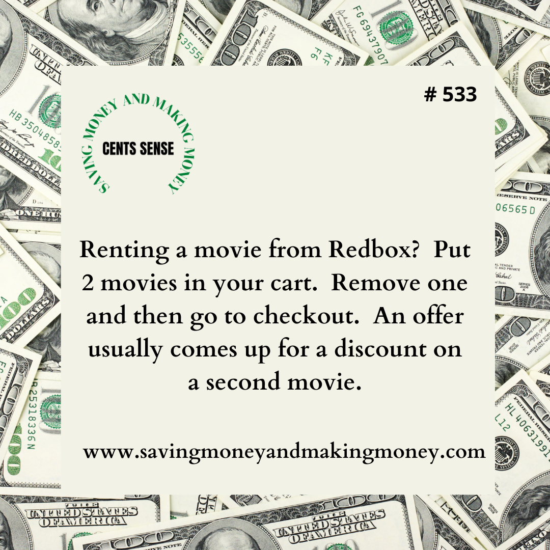 A promotional flyer for saving money by renting movies from Redbox, featuring a background of scattered U.S. hundred-dollar bills and text explaining the discount offer for renting multiple movies.