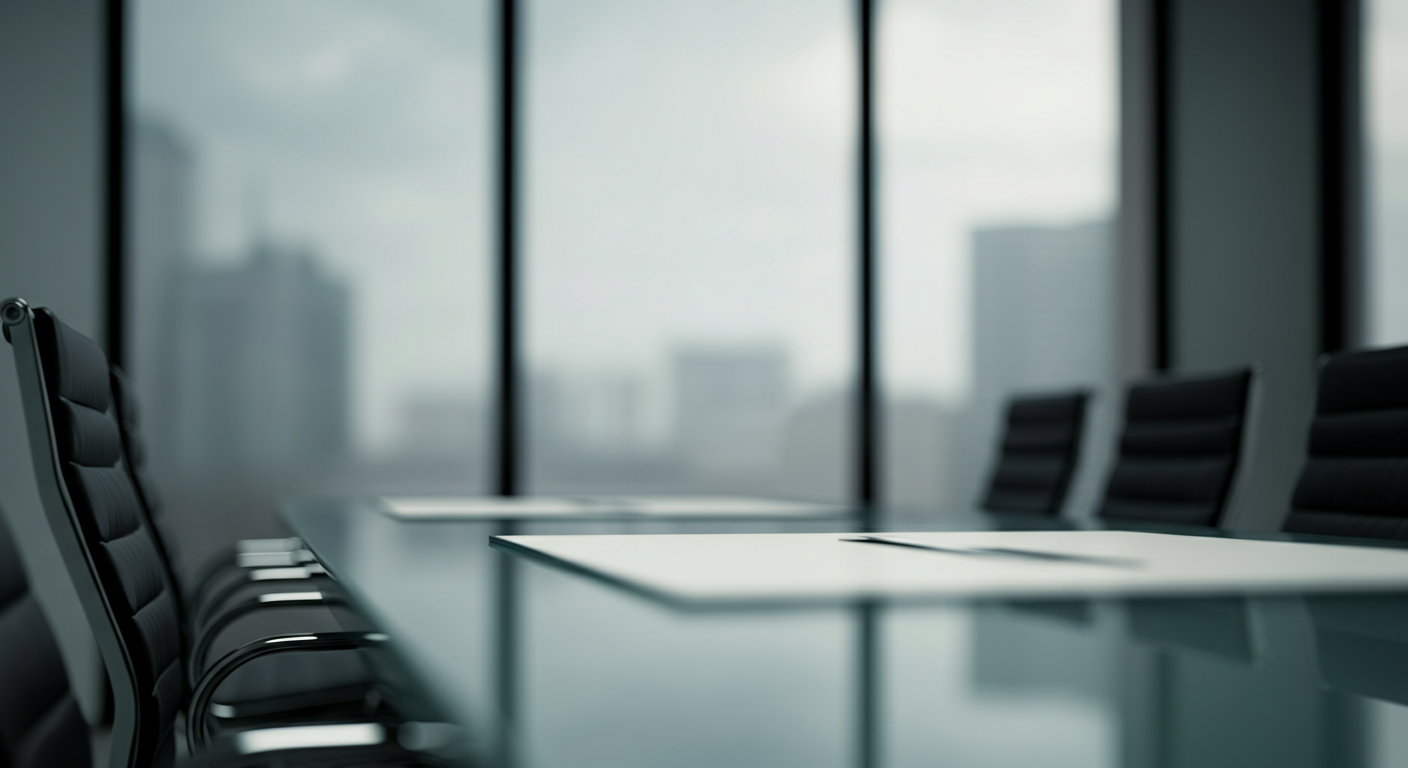 Empty conference room with black chairs, white tables, and large windows showing city buildings.