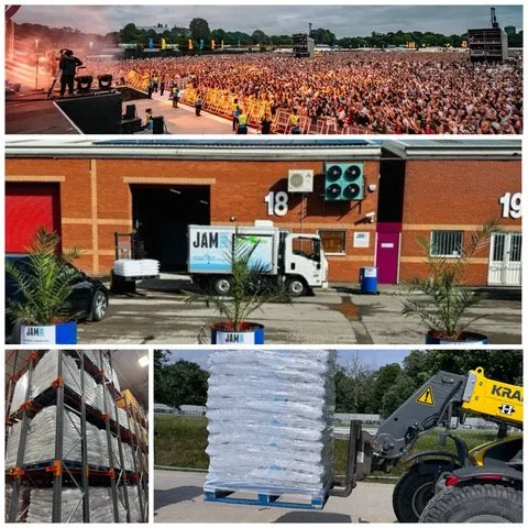 Top image shows a large outdoor concert with a big crowd, stage, musicians, and stage lighting. Middle image depicts a brick building with a JAM truck parked outside, along with a man and security personnel. Bottom left image displays shelves loaded with stored items or supplies, and bottom right image shows a forklift lifting a large stack of wrapped pallets.