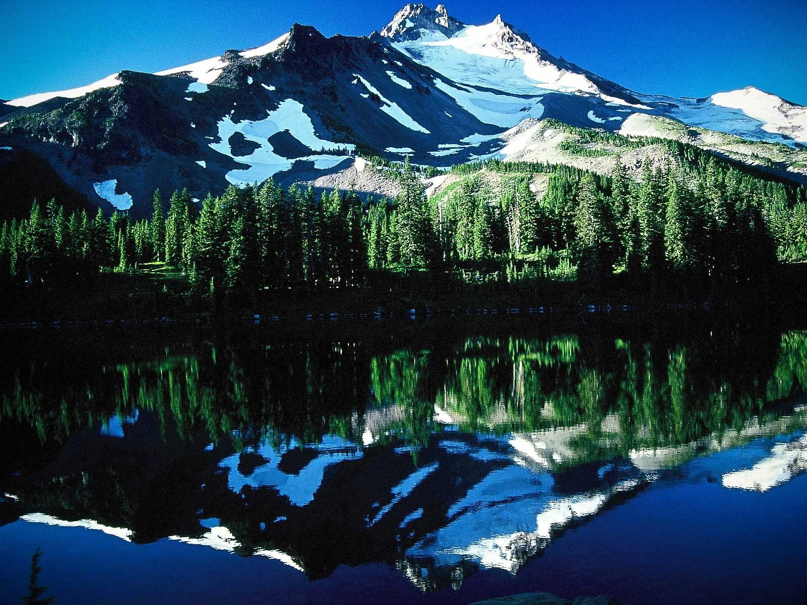 Snow-capped mountains with green forests and their reflection in a calm lake.