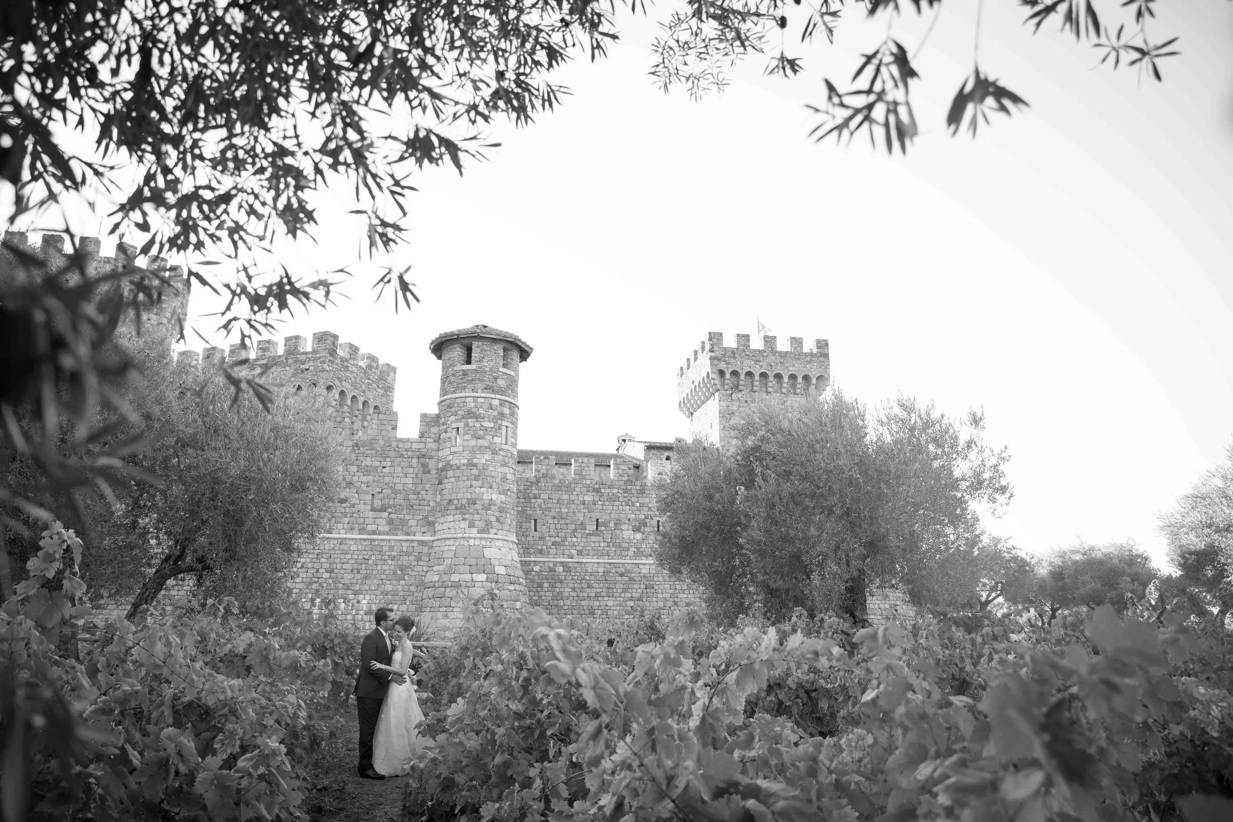 A black and white photo of a castle with tall towers and crenelated walls, framed by tree branches and leaves. In front of the castle, a couple is standing in a vineyard, embracing and sharing an intimate moment.