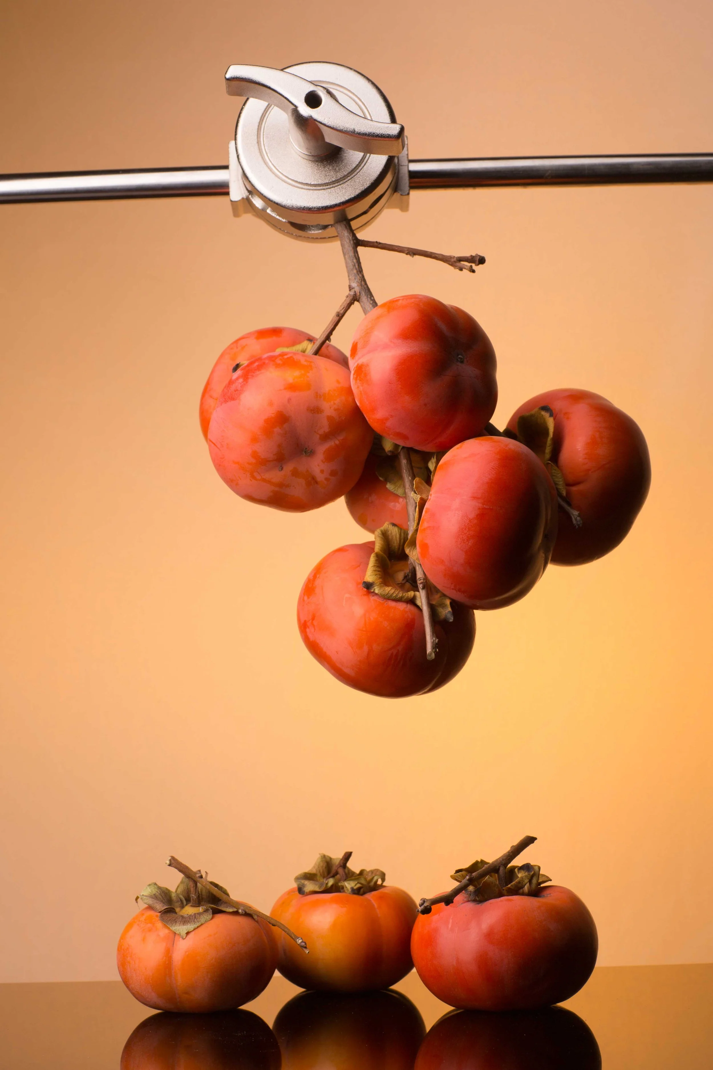 Bunch of tomatoes hanging from a metal hook, with three tomatoes resting on a reflective surface below.