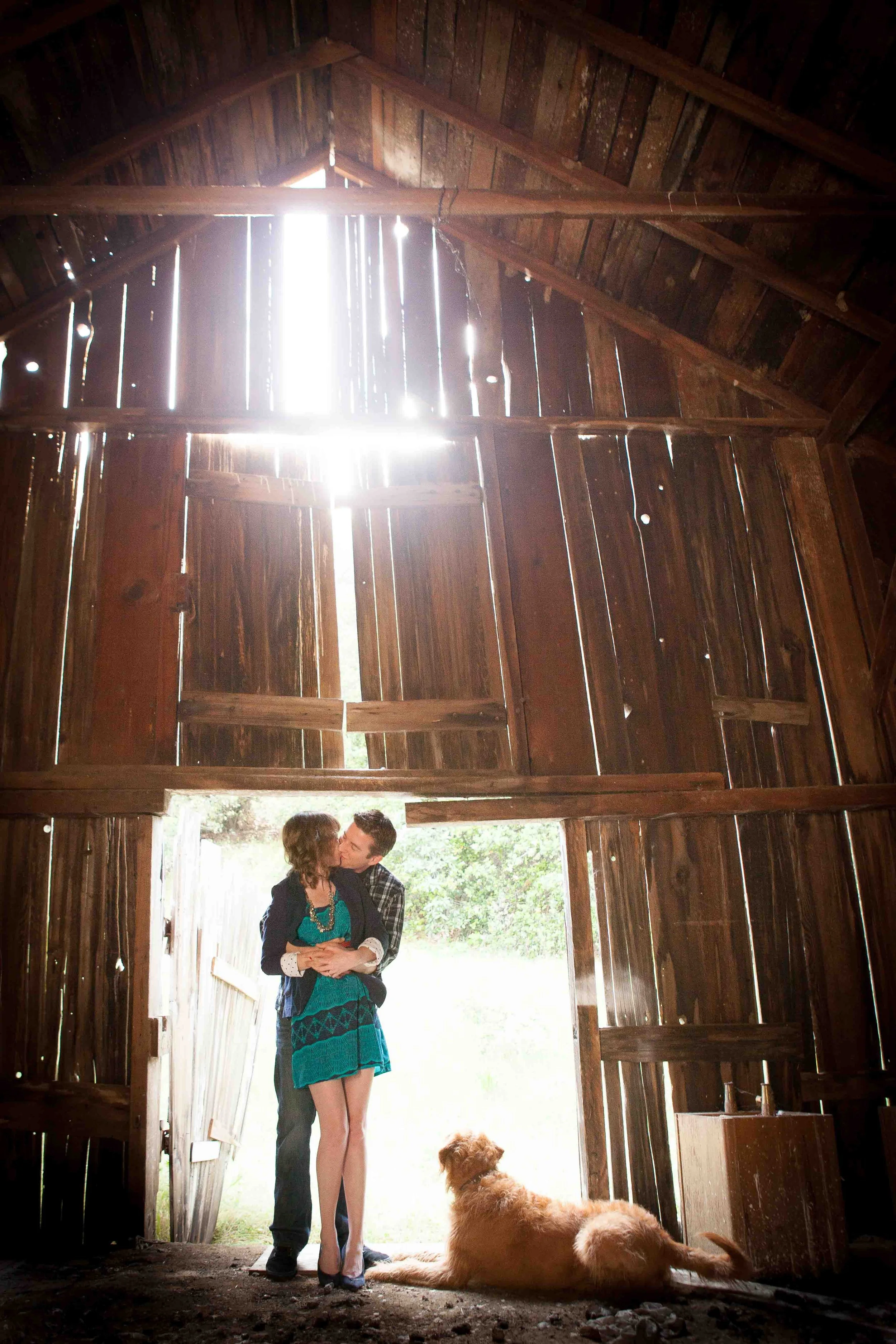 A couple kissing inside a rustic wooden barn near an open door, with a dog lying on the ground nearby.