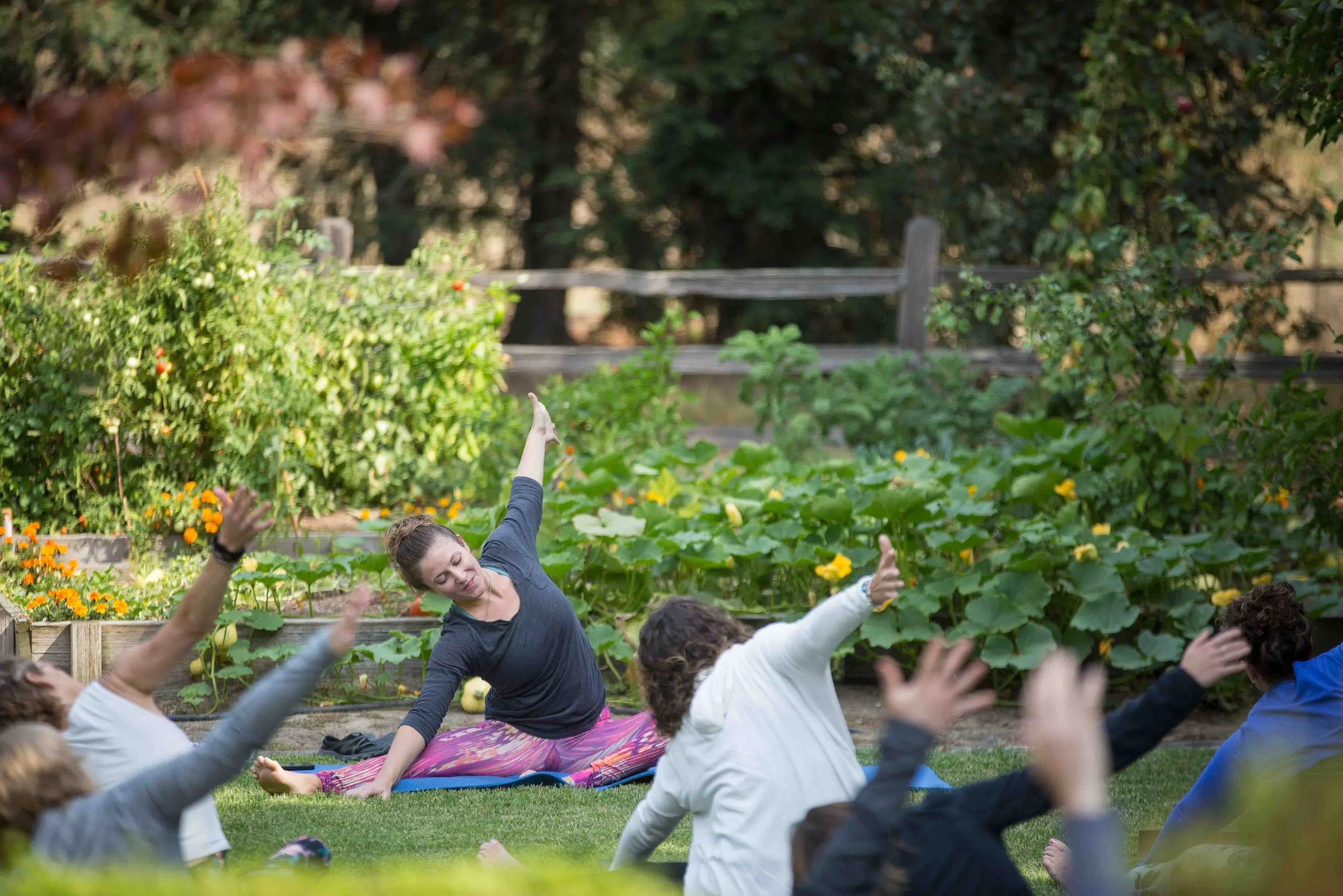 Group of people doing yoga outdoors in a garden with lush green plants and flowers.