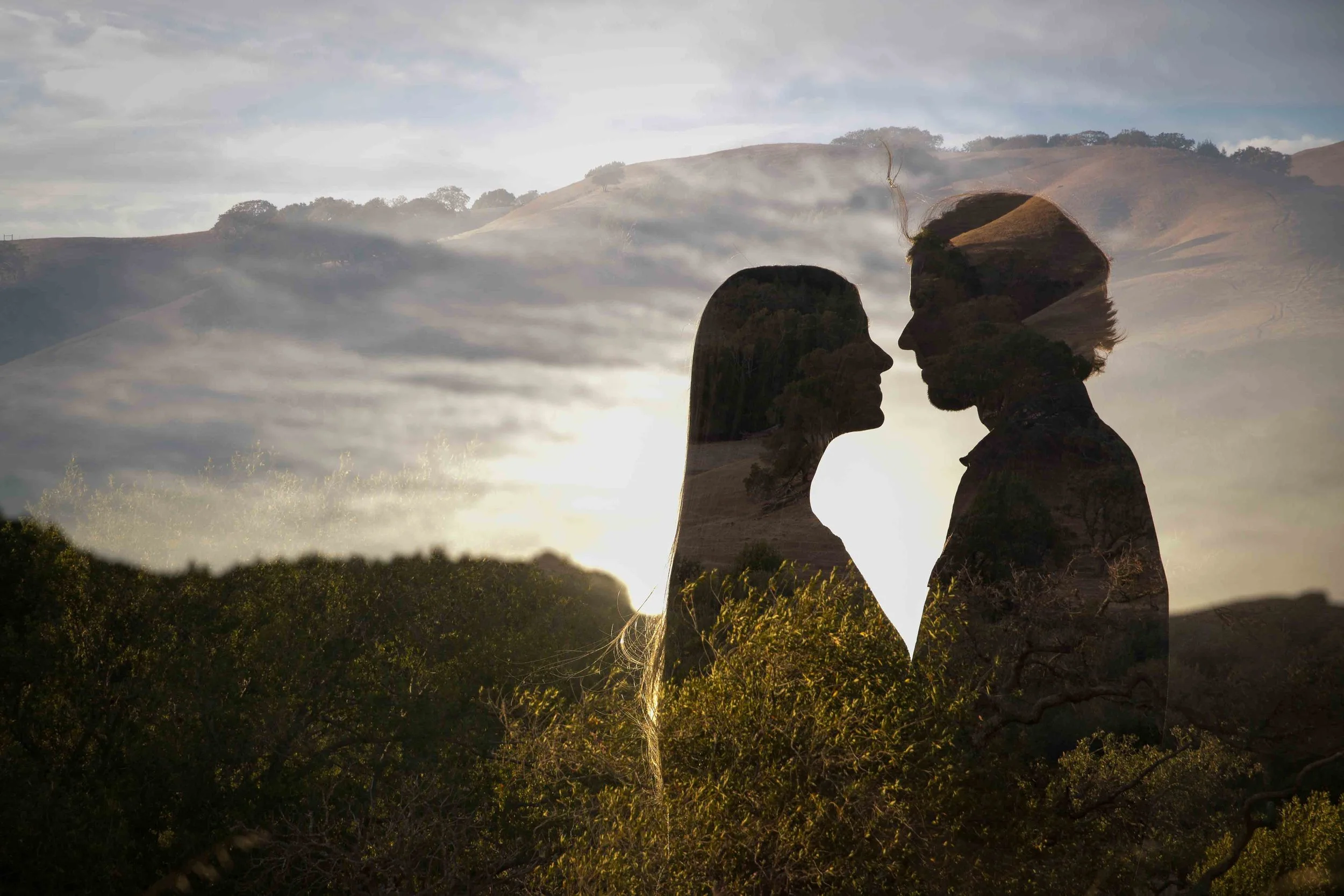 Silhouette of a man and woman facing each other over a landscape with hills and trees, created by double exposure.