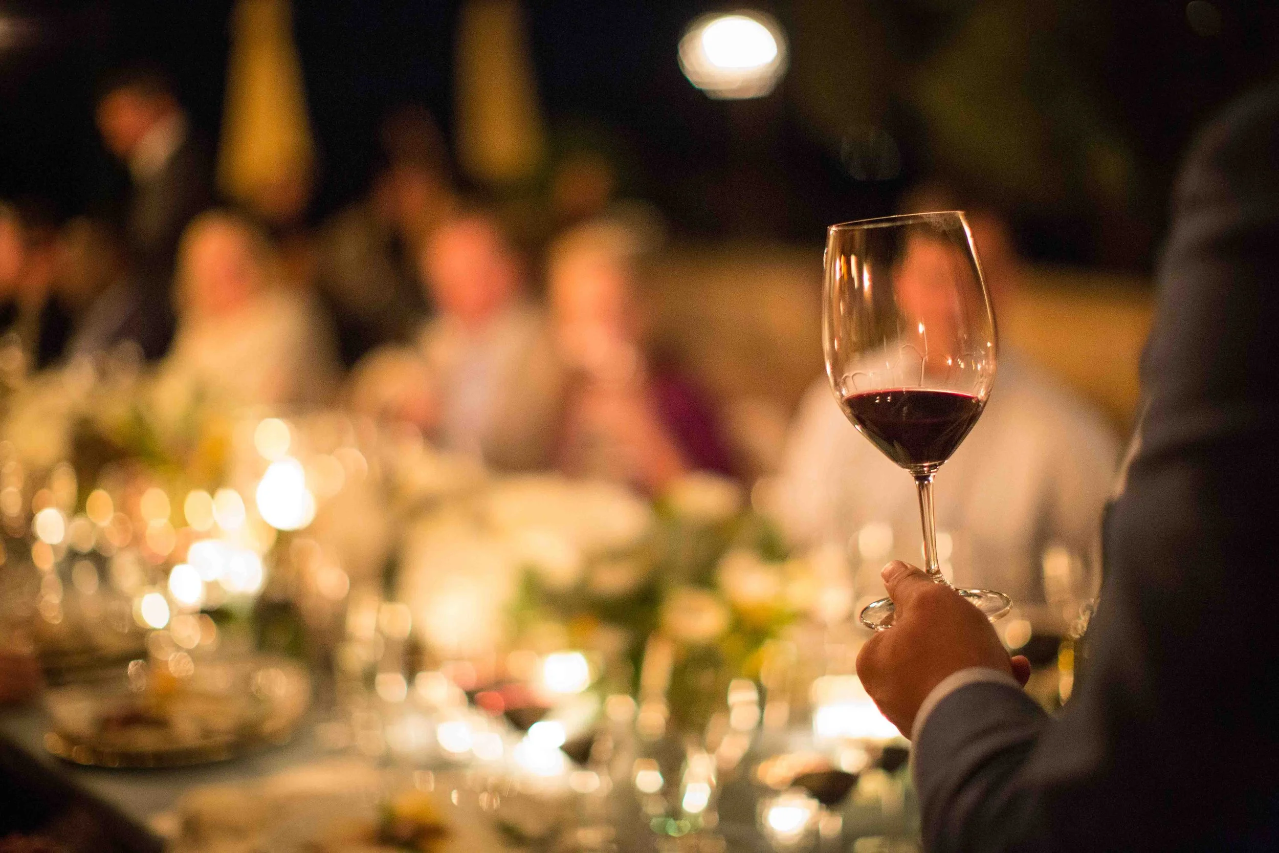 Person holding a glass of red wine at a formal dinner event with blurred guests and warm lighting in the background.