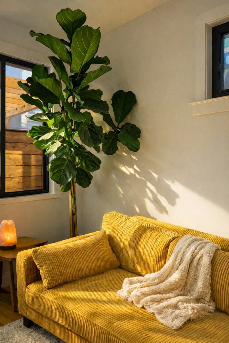 Warm, welcoming therapy office space with yellow sofa, plants, and soft lighting in a California-based private practice.