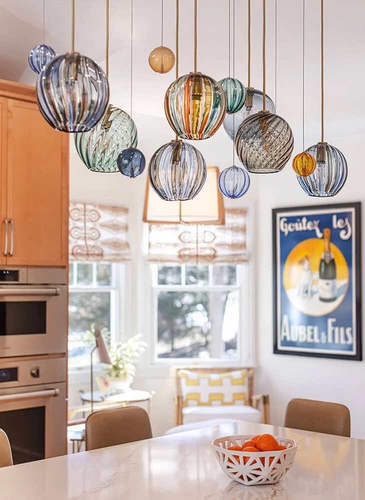 Colorful Glass lighting in a bright sunny Coastal New England Kitchen