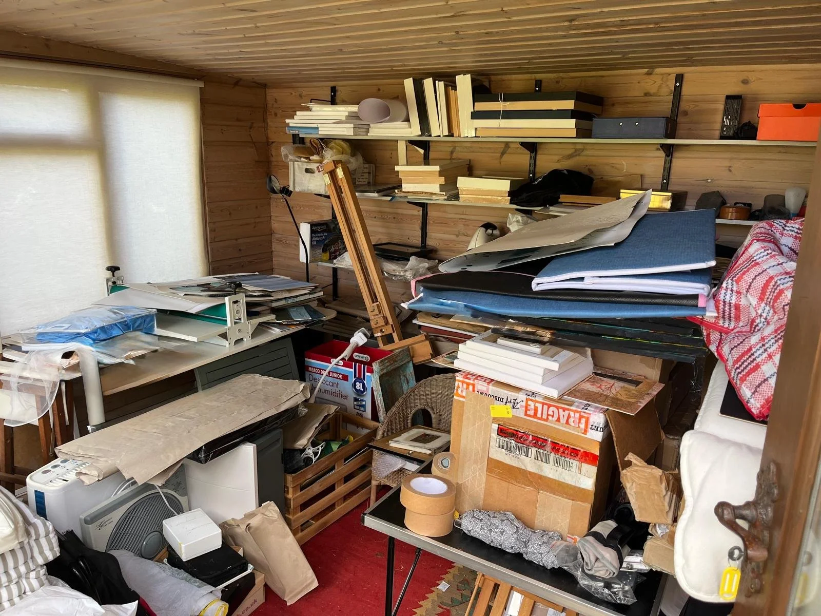 Before and after workspace reset. Shows a cluttered workshop organized into an efficient, productive office layout by Allsop's All Sorted in Swindon and Chippenham