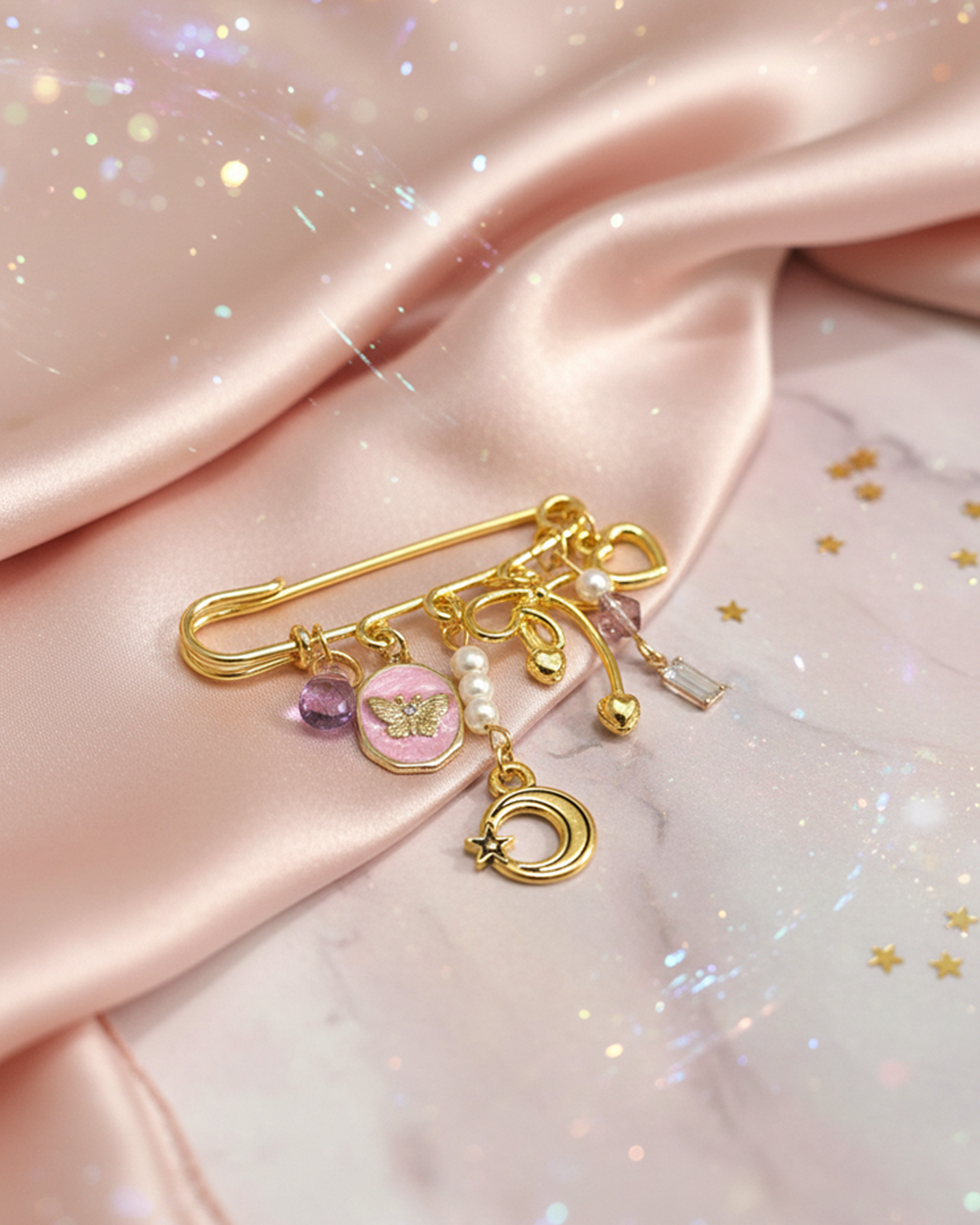 Moonspell Heart Pearl Safety Pin Brooch