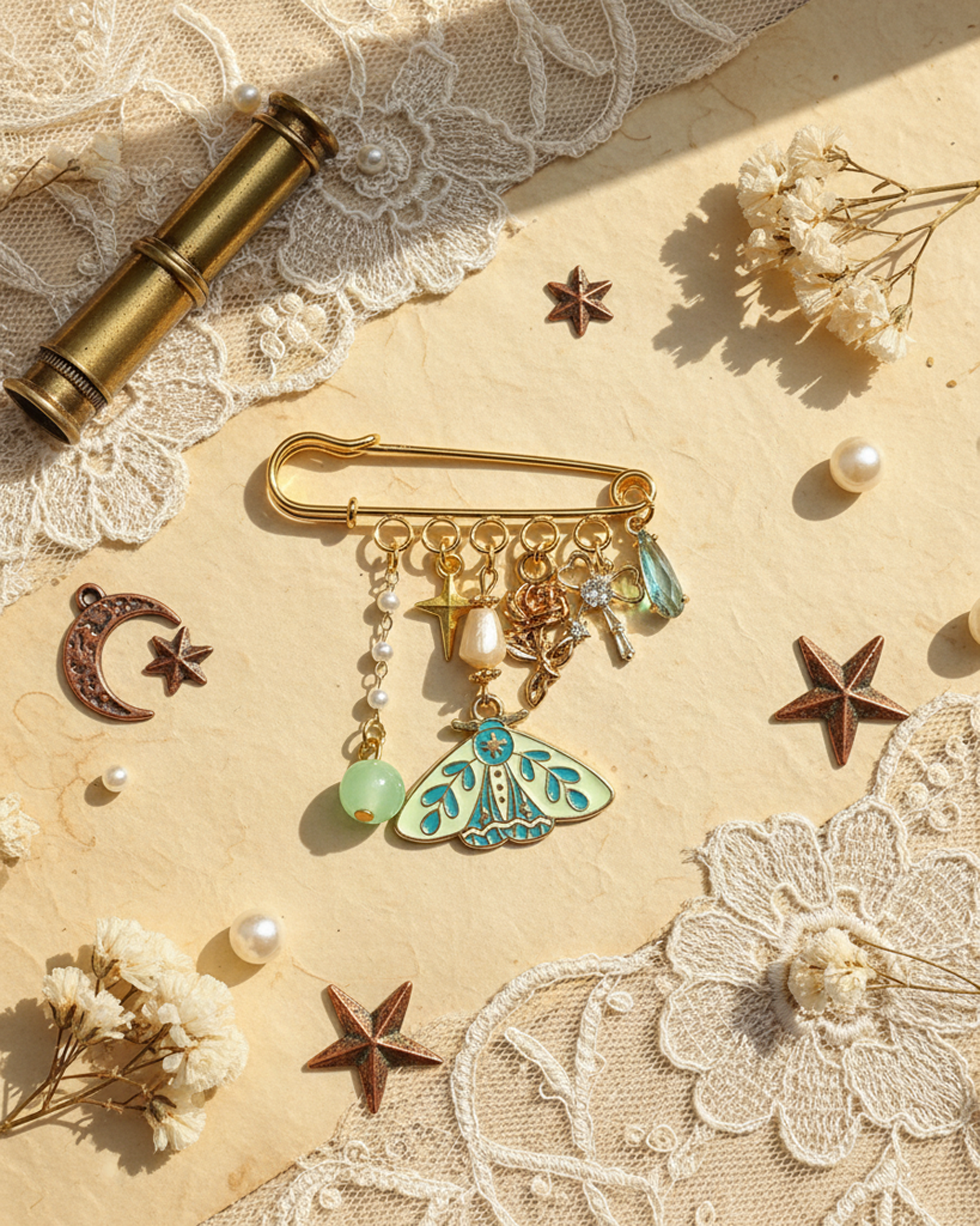 Moonlit Moth Safety Pin Brooch