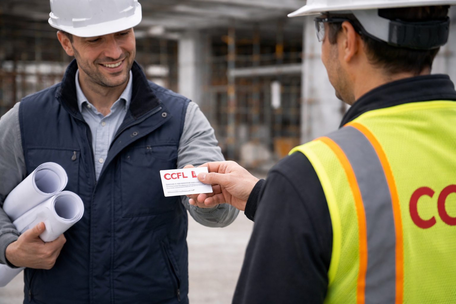 CCFL fire-stopping contractor handing a business card to a site supervisor on a commercial construction project