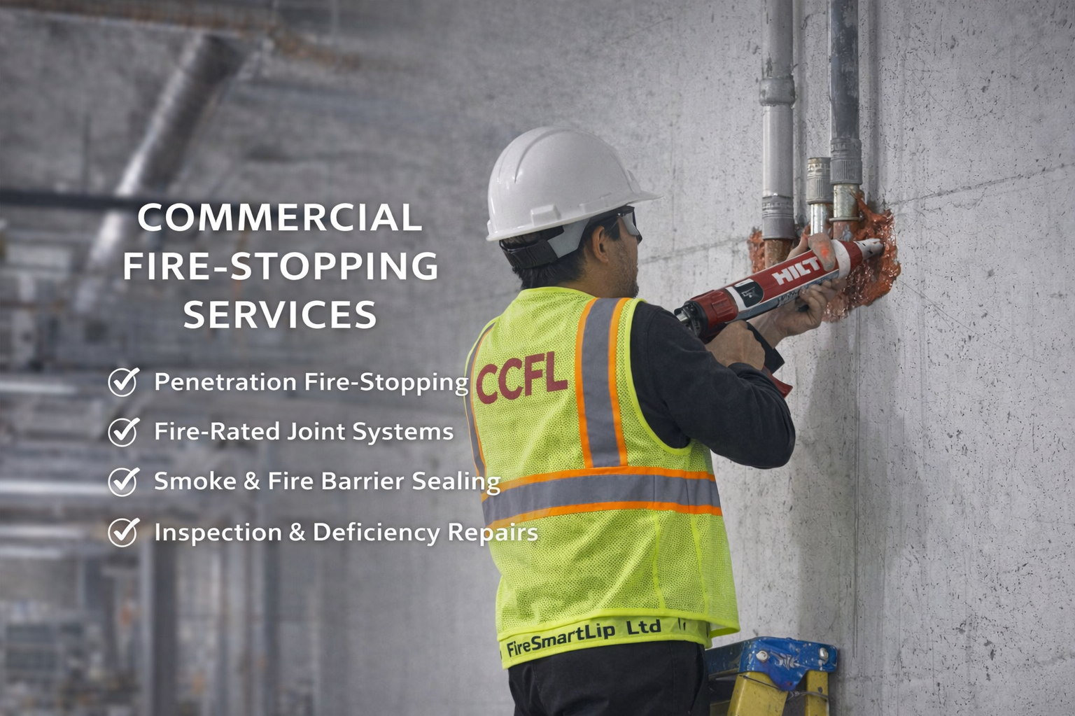 Commercial fire-stopping technician applying Hilti firestop sealant around pipe penetrations for CCFL services