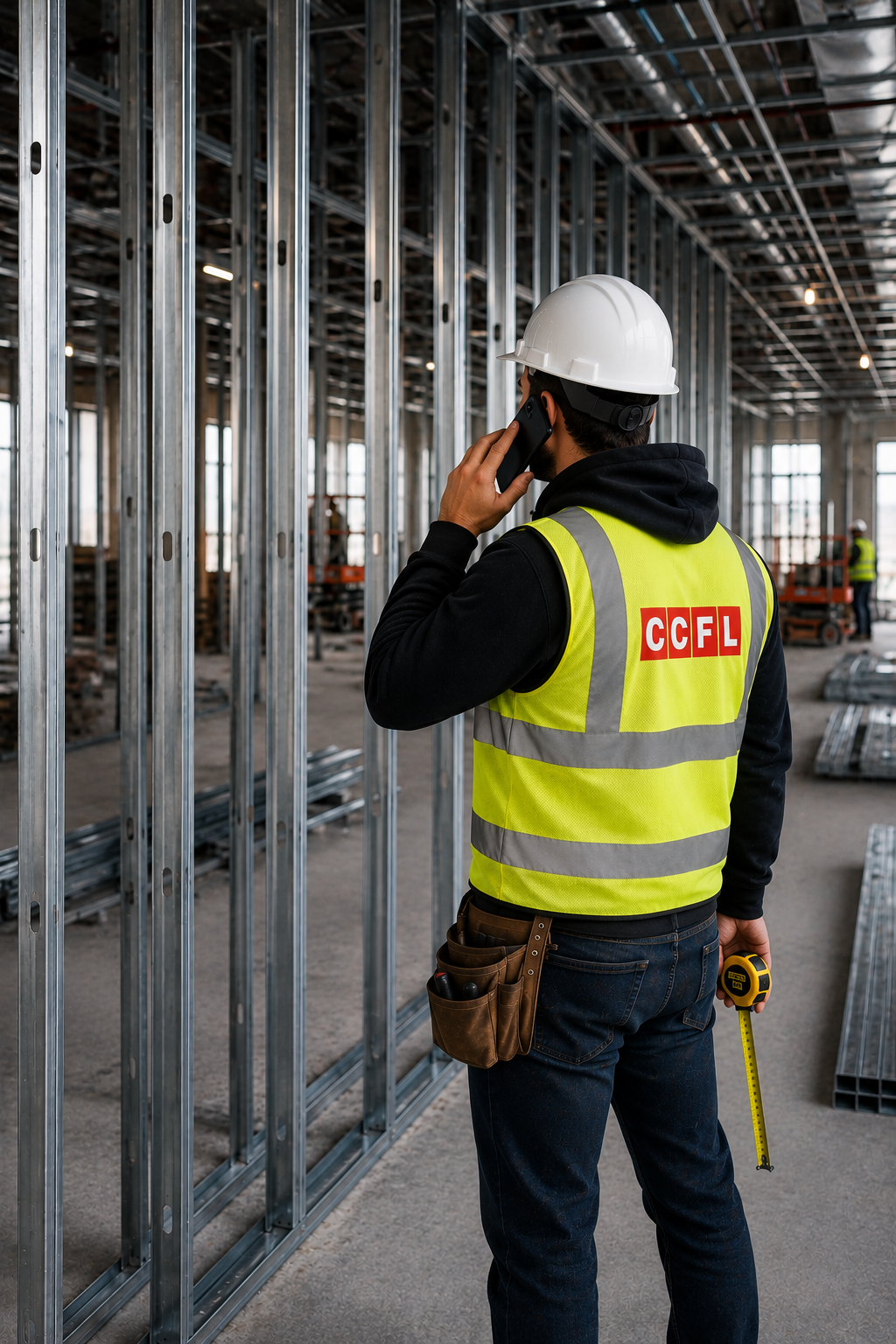 Construction worker in a yellow safety vest with