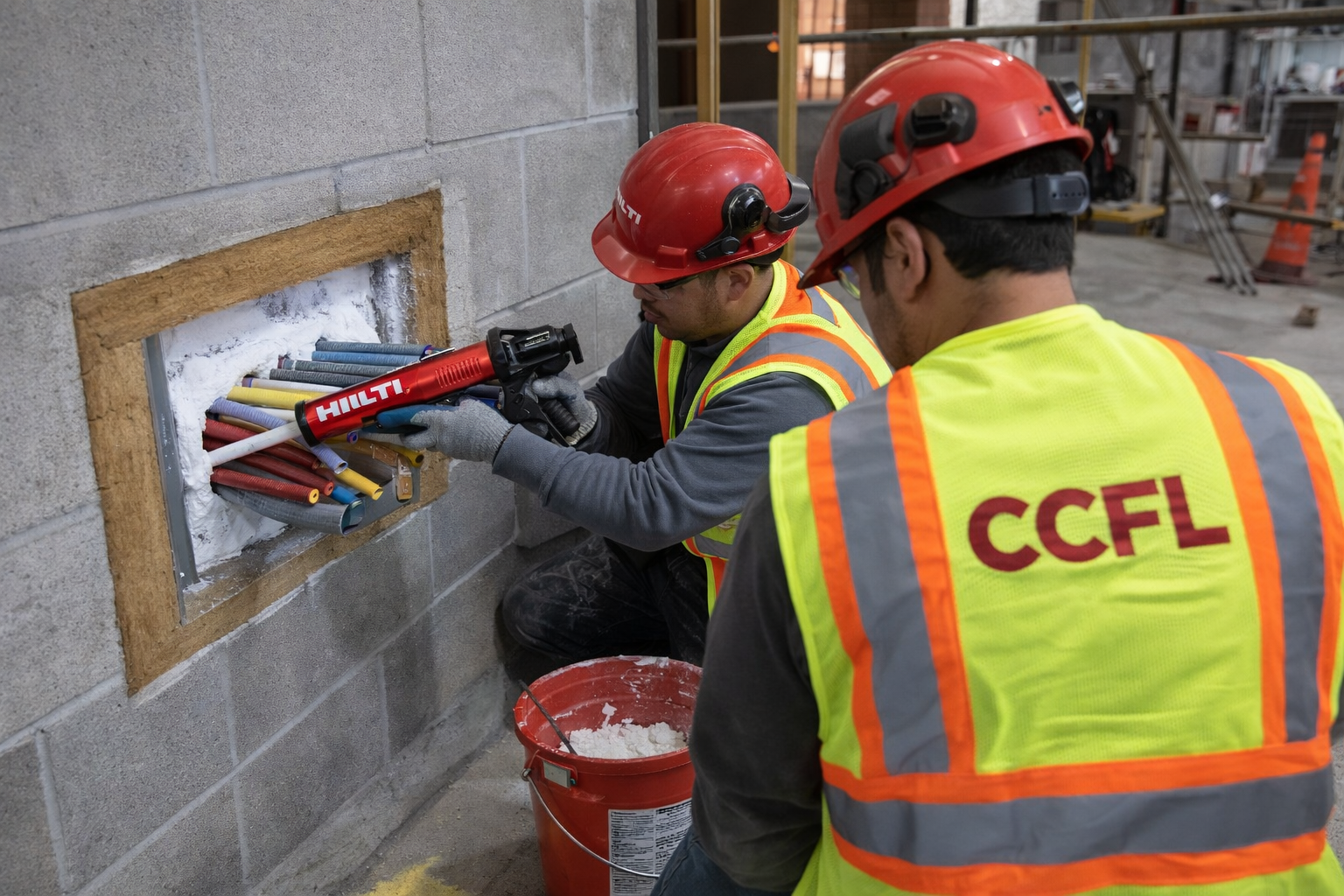 Two construction workers wearing red helmets and high-visibility jackets working on electrical wiring in a wall opening with conduit pipes.