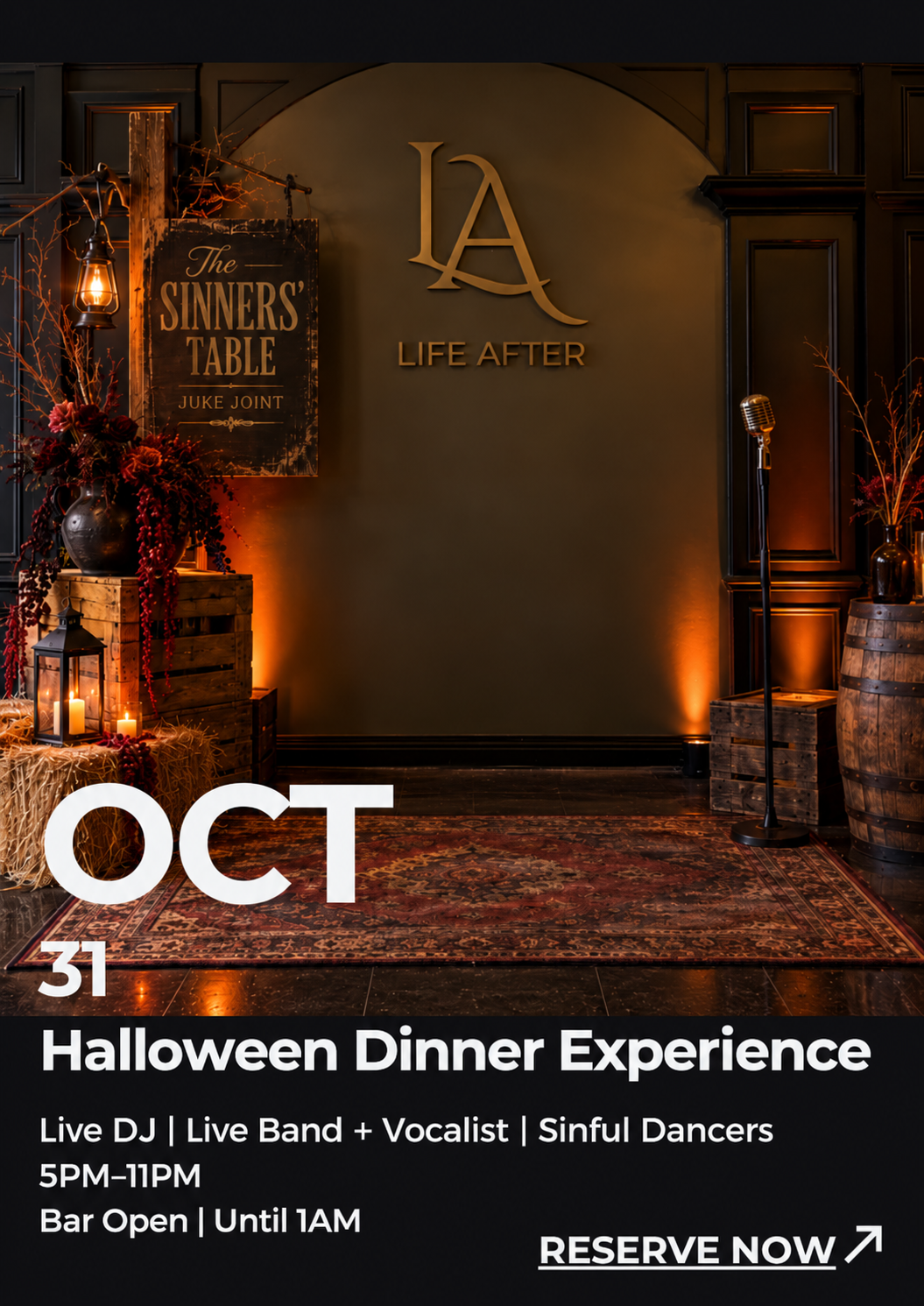 Halloween Dinner Experience Live DJ, Live Band + Vocalist, Sinful Dancers 5pm - 11pm Bar Open until 1am