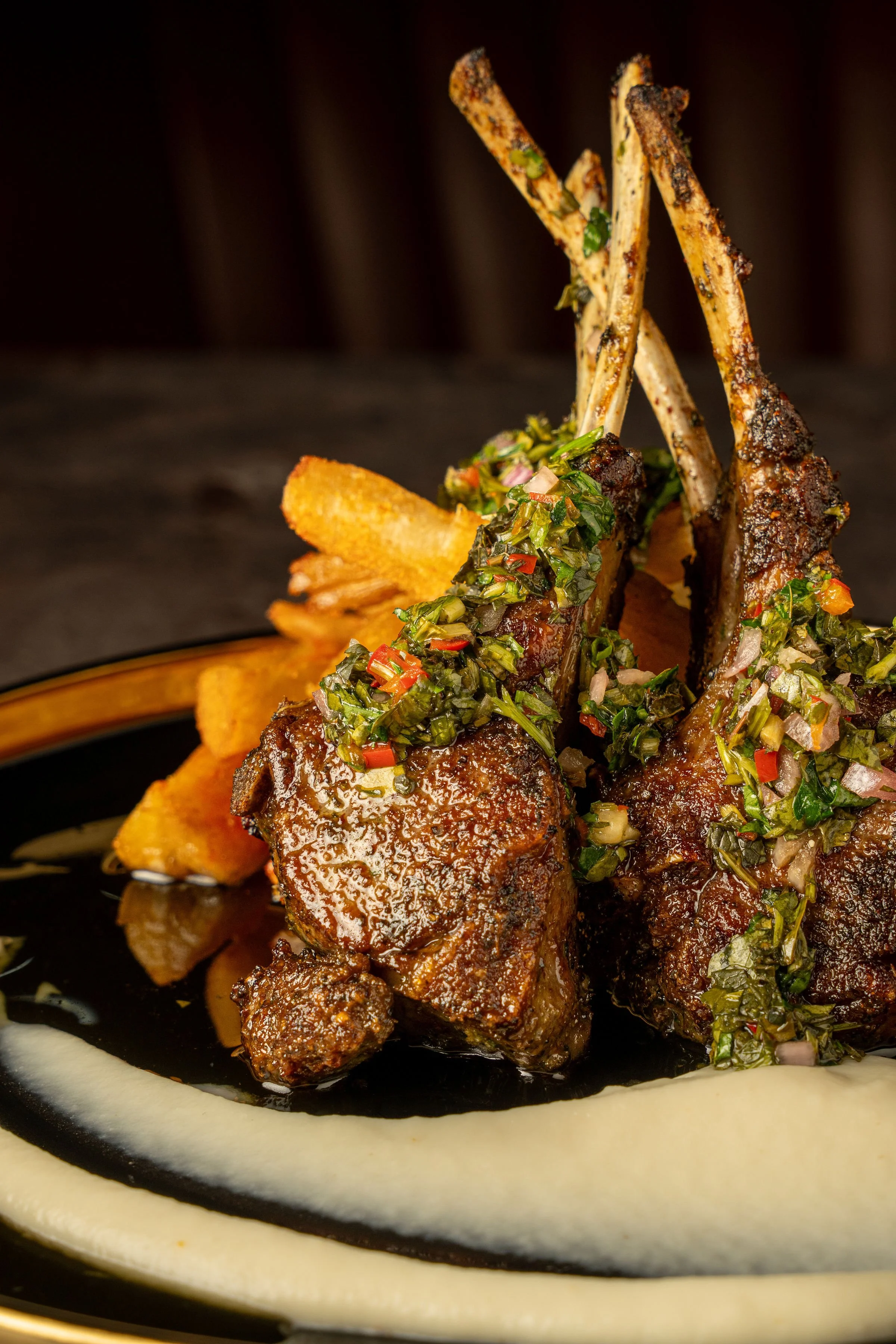 Choppastyle Lamb Chops 32/56  Baby lamb chops (half or full) | crispy yucca | chimichurri | sunchoke purée