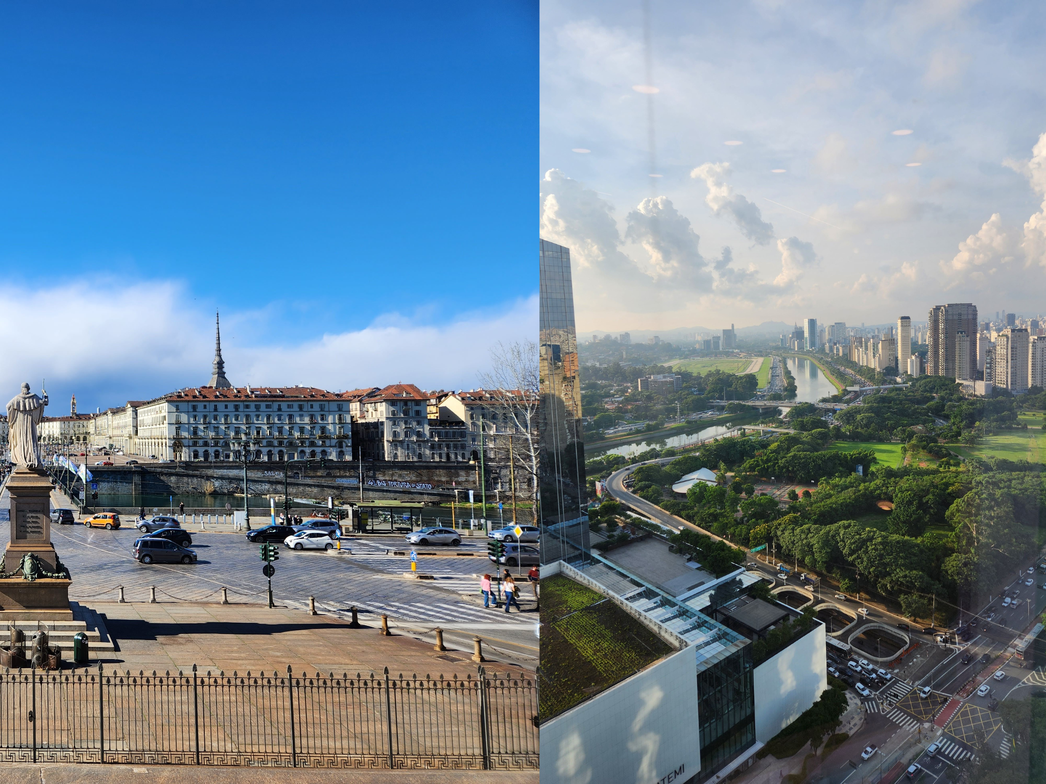 Foto comparando uma vista antiga da cidade de Torino, na Itália, com uma vista moderna de São Paulo, Brasil, destacando diferenças arquitetônicas e urbanas.