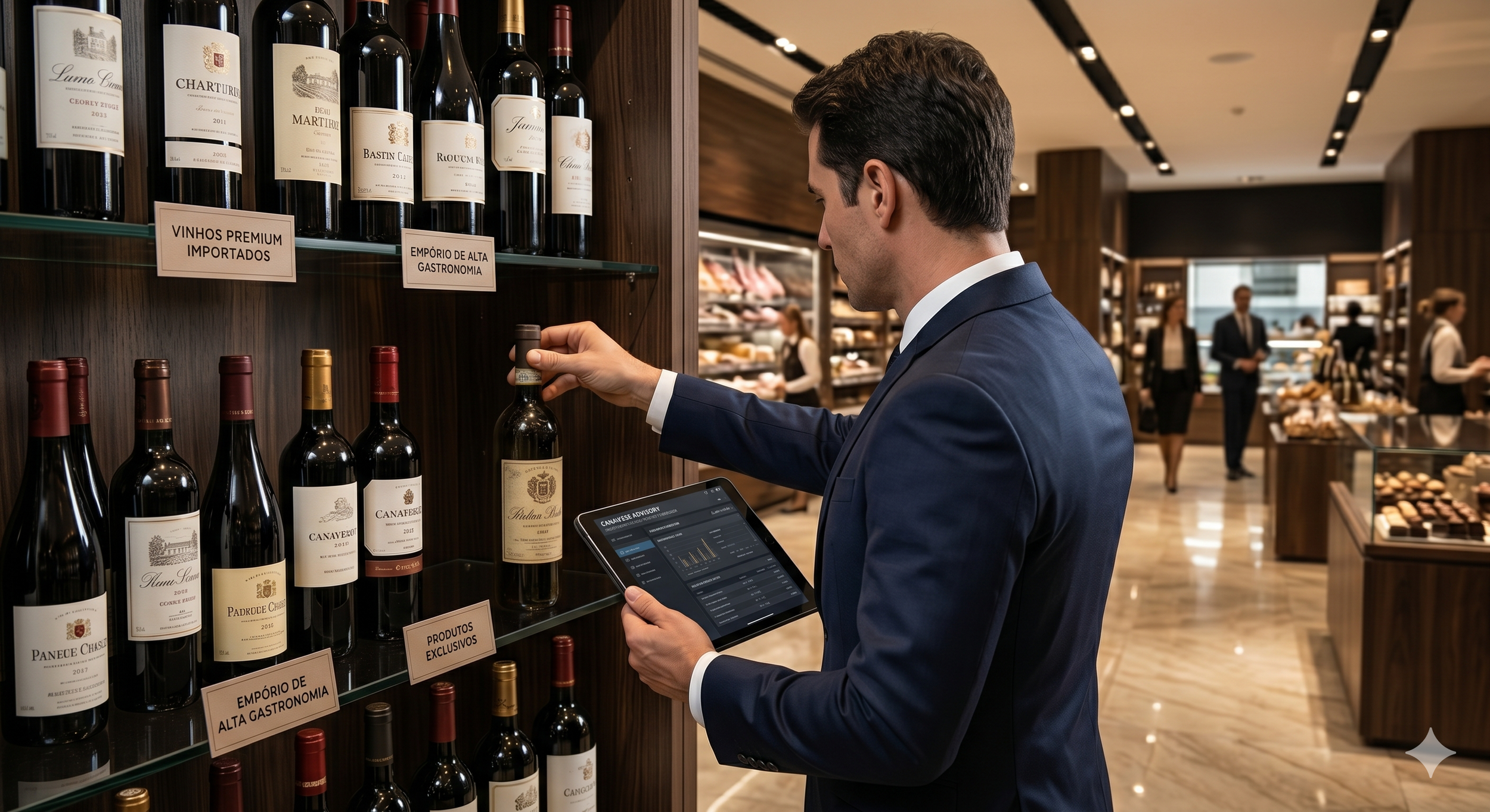 Homem de terno comprando vinho em uma loja, usando um tablet enquanto observa as garrafas na prateleira.