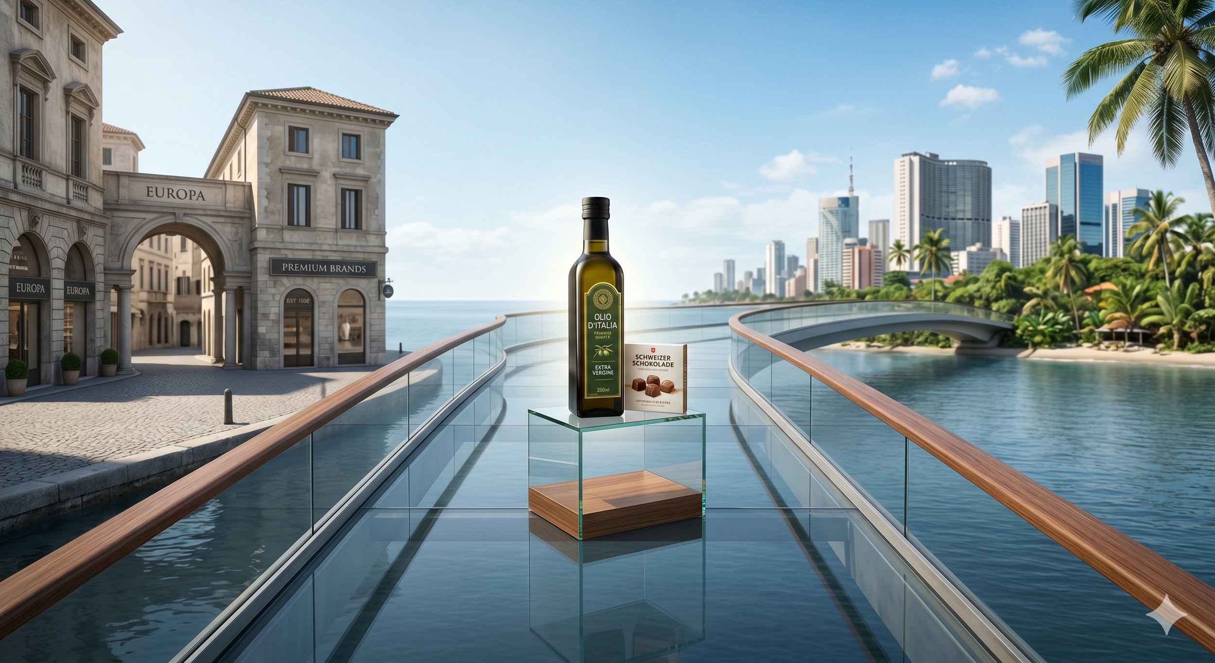 Imagem de um lance de escada de vidro com guarda corpo de madeira, apresentando duas embalagens no centro: uma garrafa de azeite de oliva e uma caixa de chocolates suíços, com cenário de cidade costeira ao fundo.