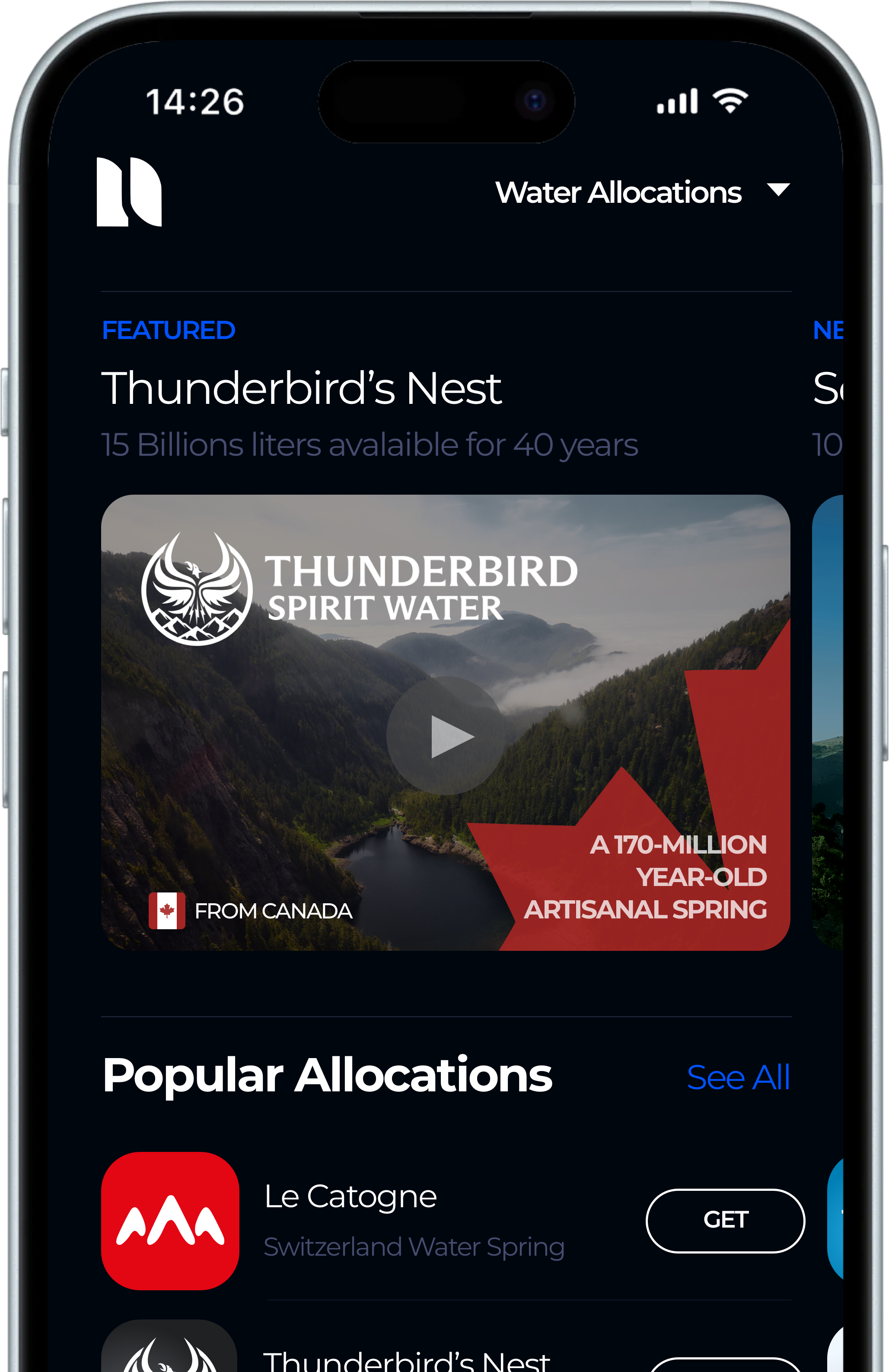 Smartphone screen displaying a water allocation app featuring Thunderbird's Nest and Thunderbird Spirit Water from Canada, with a scenic mountain background.