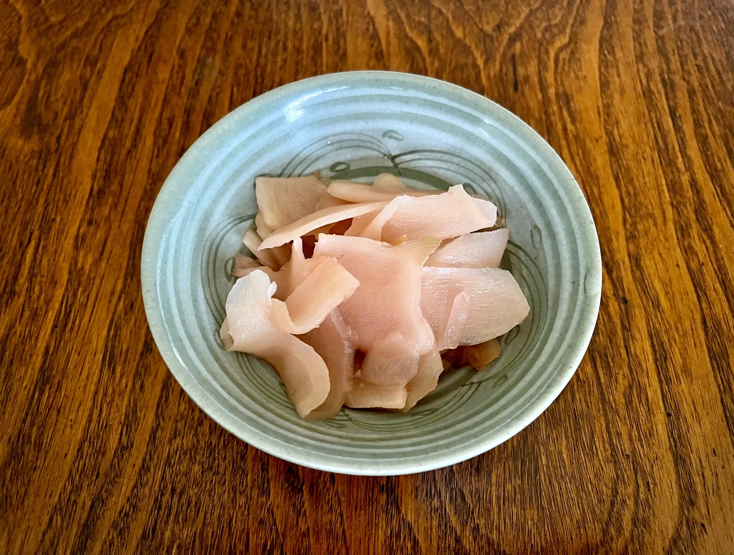 Homemade gari made from shin-shoga, sliced and pickled to a natural pale pink
