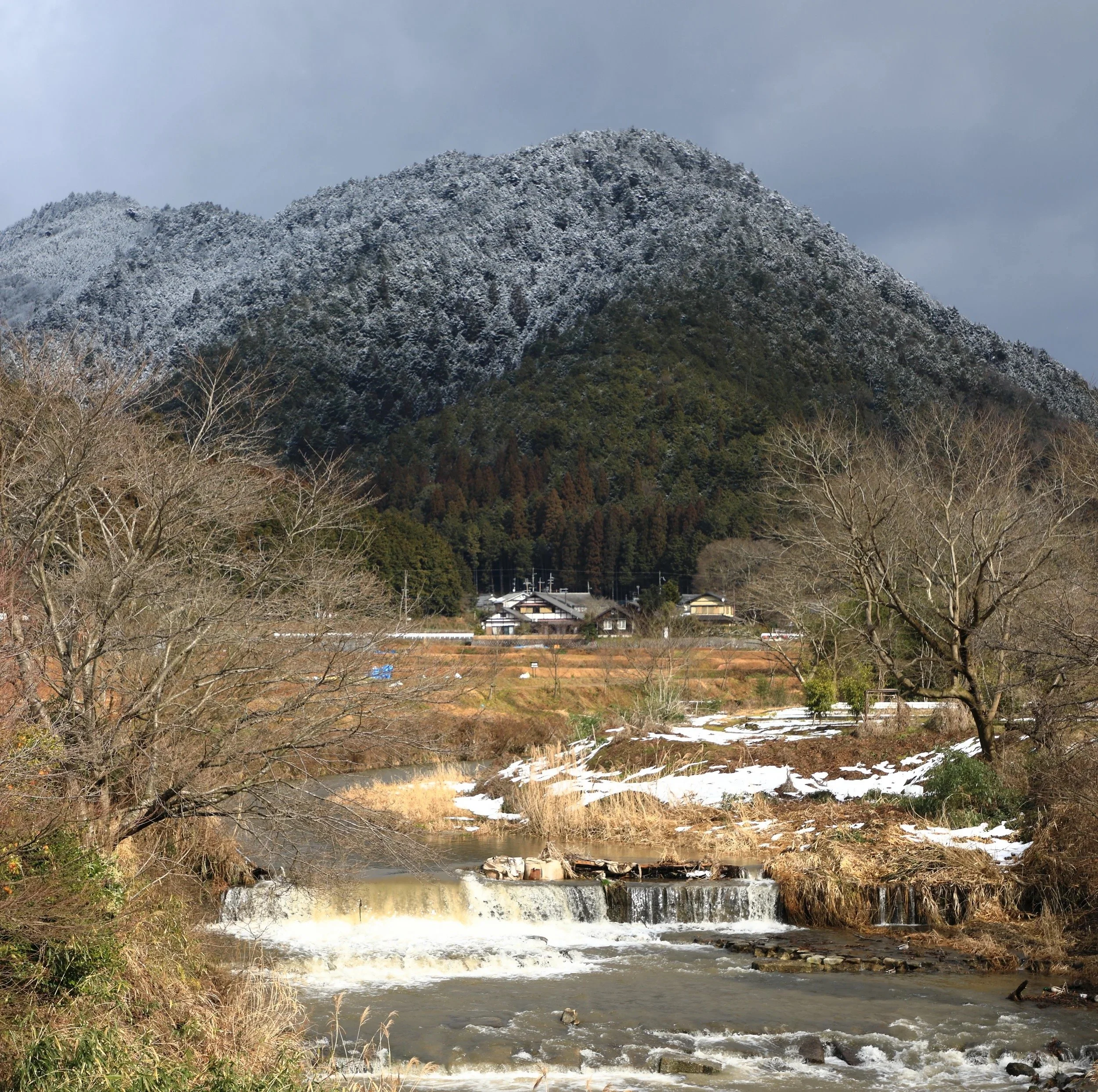 Snow-dusted mountains surrounding the valley of Ohara, Kyoto