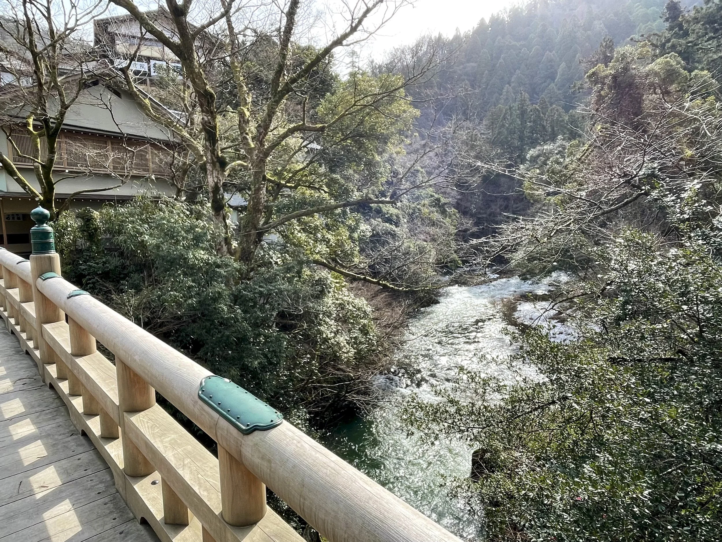 Korogi Bridge spanning the Kakusenkei Gorge in Yamanaka Onsen with river below