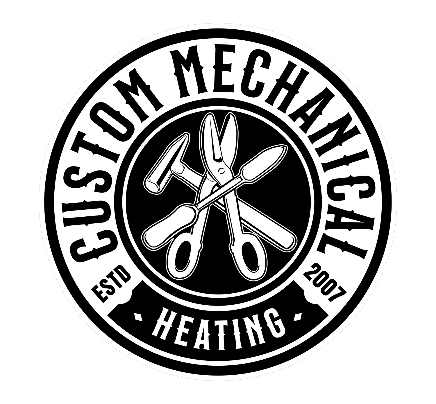 Logo for Custyoi Mechanical Heating, featuring tools like a hammer, scissors, screwdriver, wrench, and needle nose pliers arranged in a circular badge with the company name and establishment year 2007.