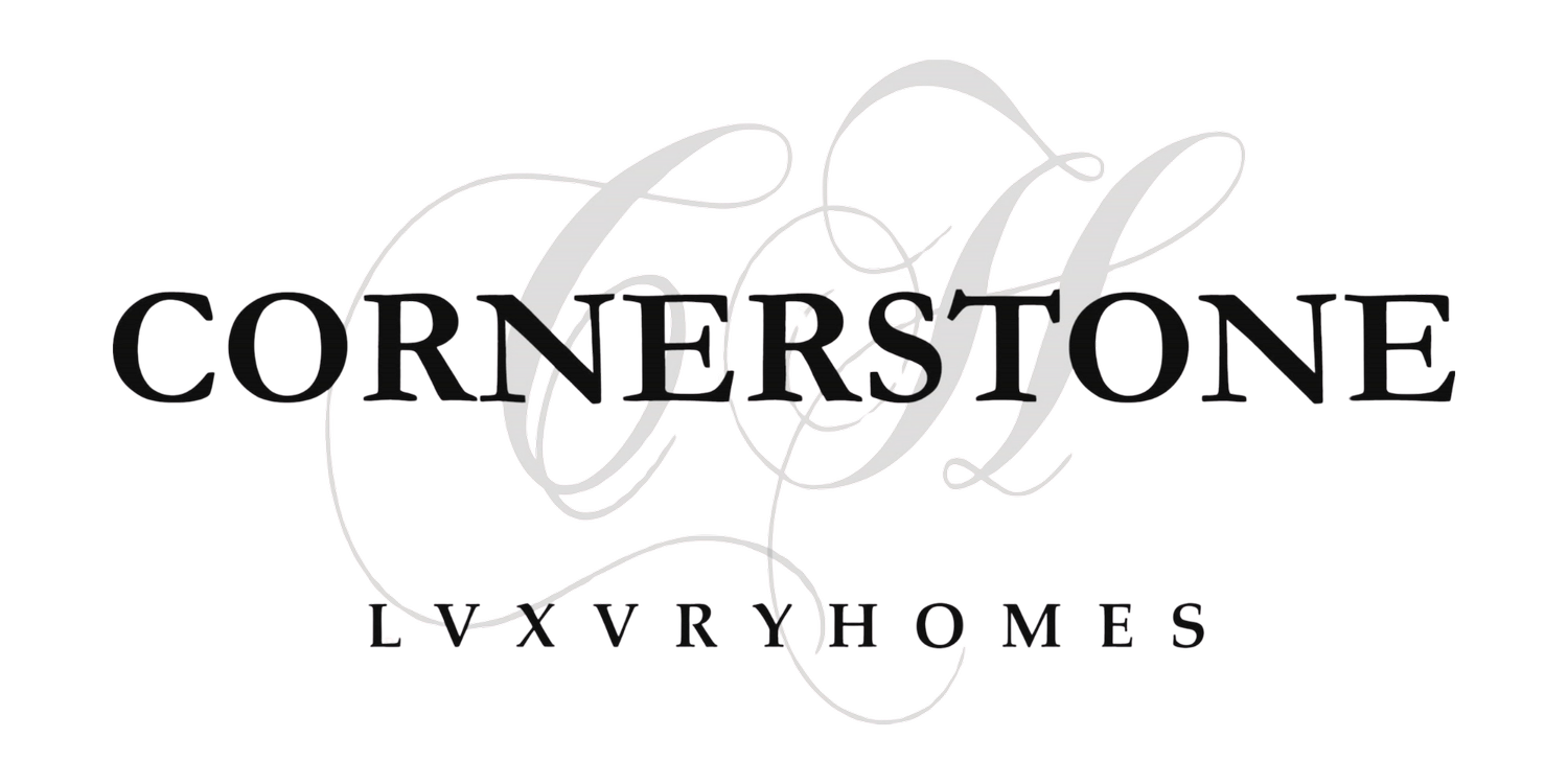 Logo with stylized cursive text reading "C and L" in white, with the words "CORNERS TONE" in bold black, and smaller text "L V X V R Y HOMES" underneath, all on a black background.