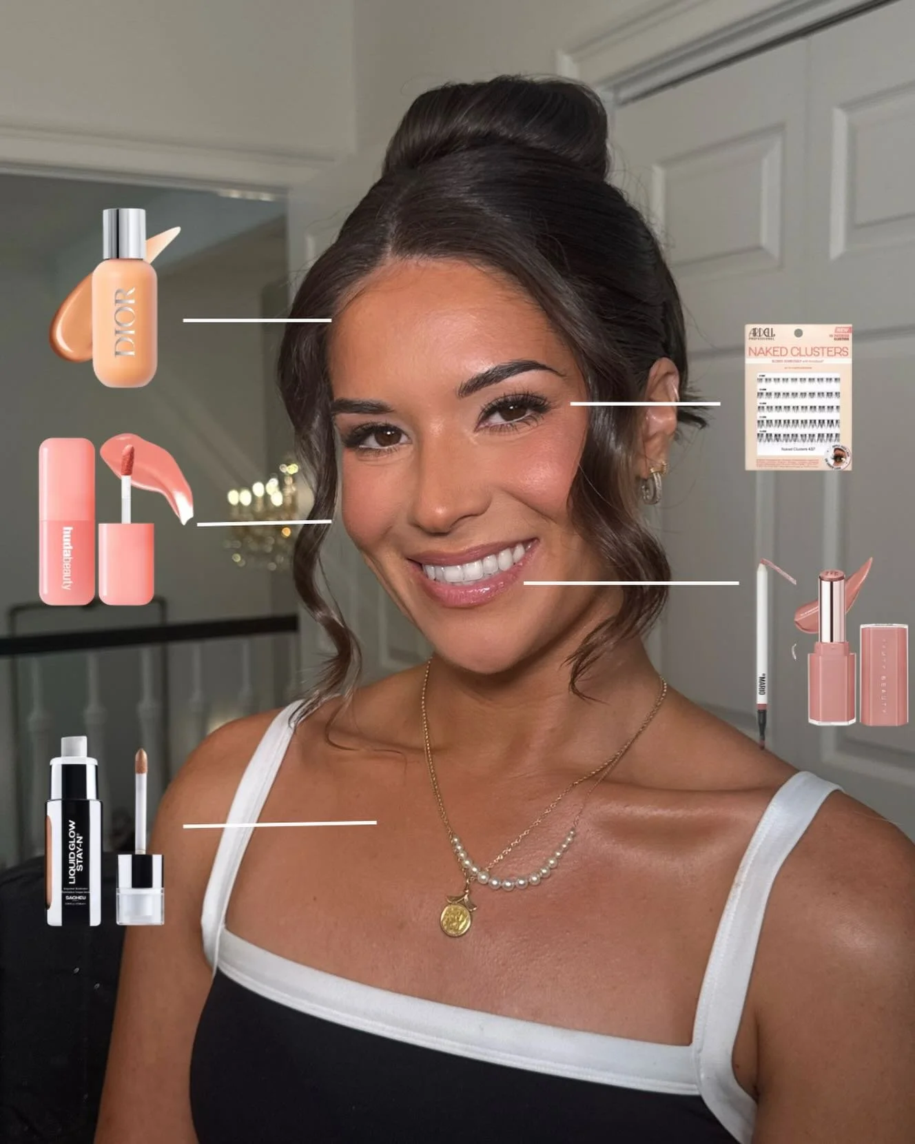 a few products from @ct.wells look 🎲🤍🫧

hair: @ivoryveilbridalbysarah 

@diorbeauty face and body foundation 
@hudabeauty liquid blush in &ldquo;cotton candy&rdquo; 
@ardellbeauty lash clusters in &ldquo;437&rdquo;
@makeupbymario lip liner in &ldq