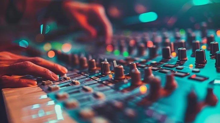 Close-up of hands adjusting knobs on a DJ mixing console with colorful lights